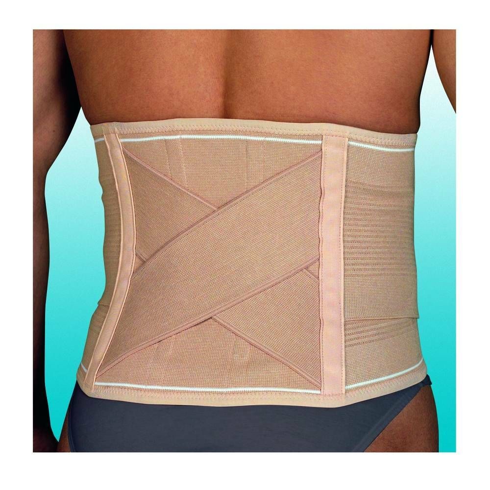 Support dorsal beige avec bandes croisées et accents blancs. Porté sur le dos d'une personne.