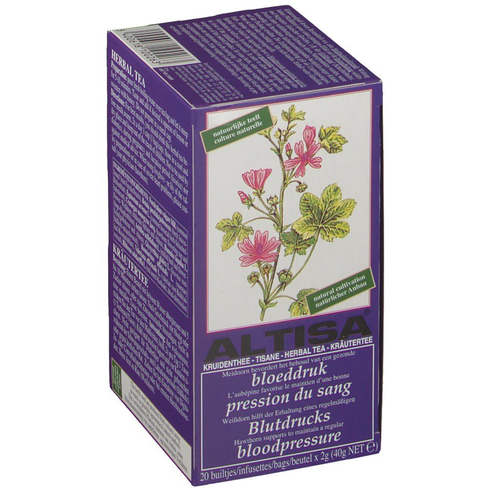 Paarse doos met bloemenillustratie en tekst. Bevat kruidenthee. Tekst in meerdere talen, waaronder Duits en Frans.