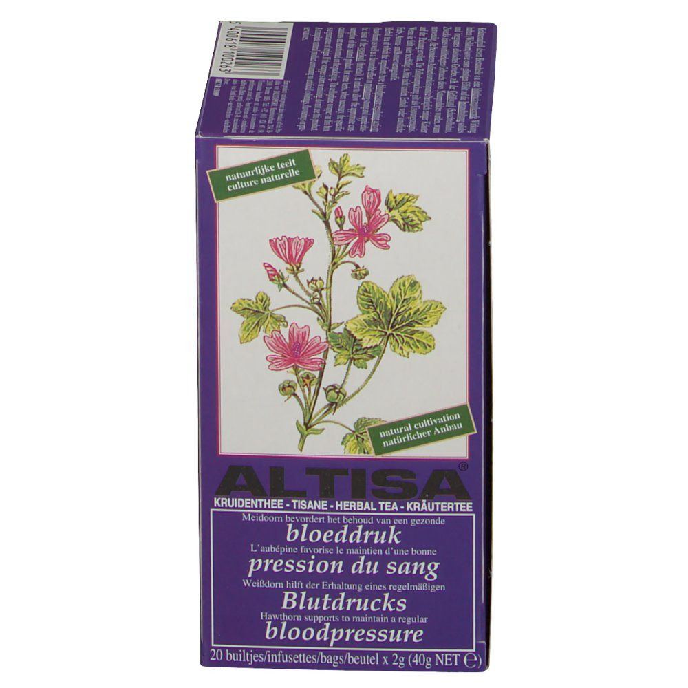 Paarse doos met bloemenillustratie en tekst. Bevat kruidenthee. Tekst in meerdere talen, waaronder Duits en Frans.