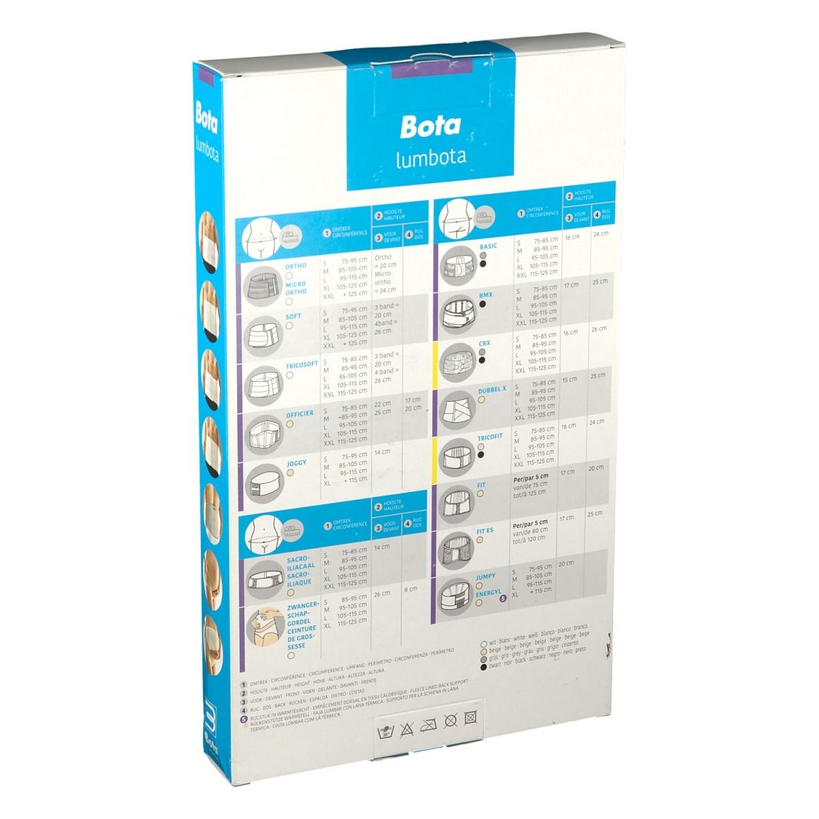 Achterkant van de Bota Lumbota Soft 3B L verpakking. Maattabel en productinformatie.