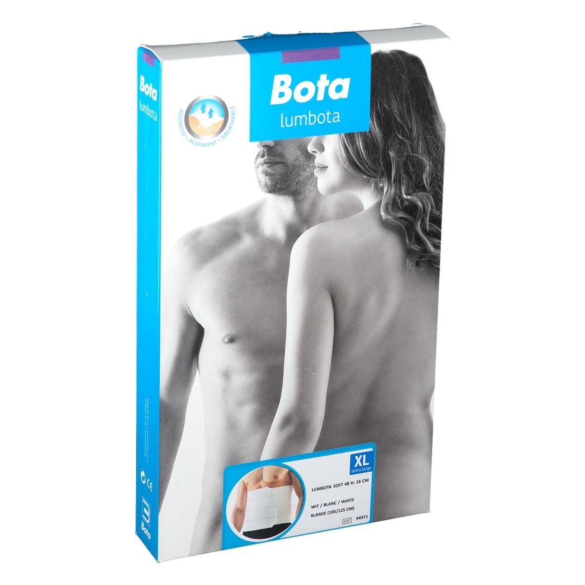 Emballage Bota Lumbota Soft 4b XL. Illustration d'un couple. Taille XL. Image du produit en bas.