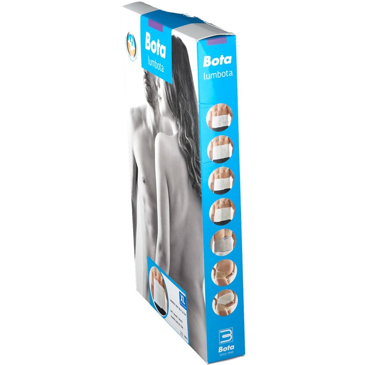 Emballage Bota Lumbota Soft 4b XL, vue latérale. Illustrations d'utilisation. Logo Bota.