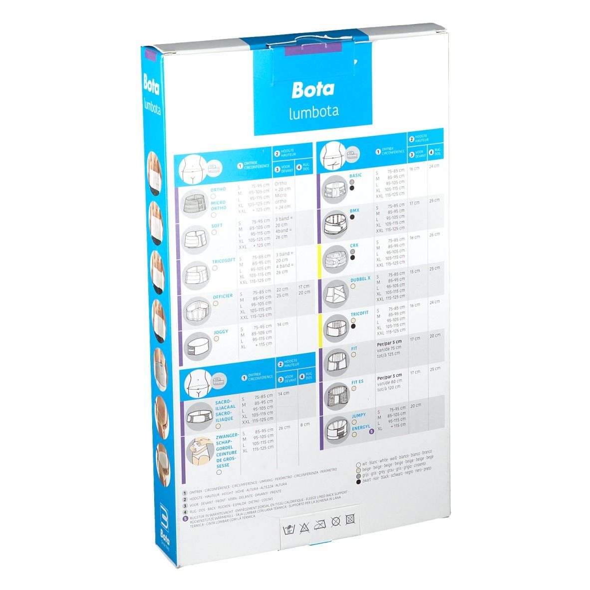 Dos de l'emballage Bota Lumbota Soft 4b XL. Tableau des tailles et informations sur le produit.