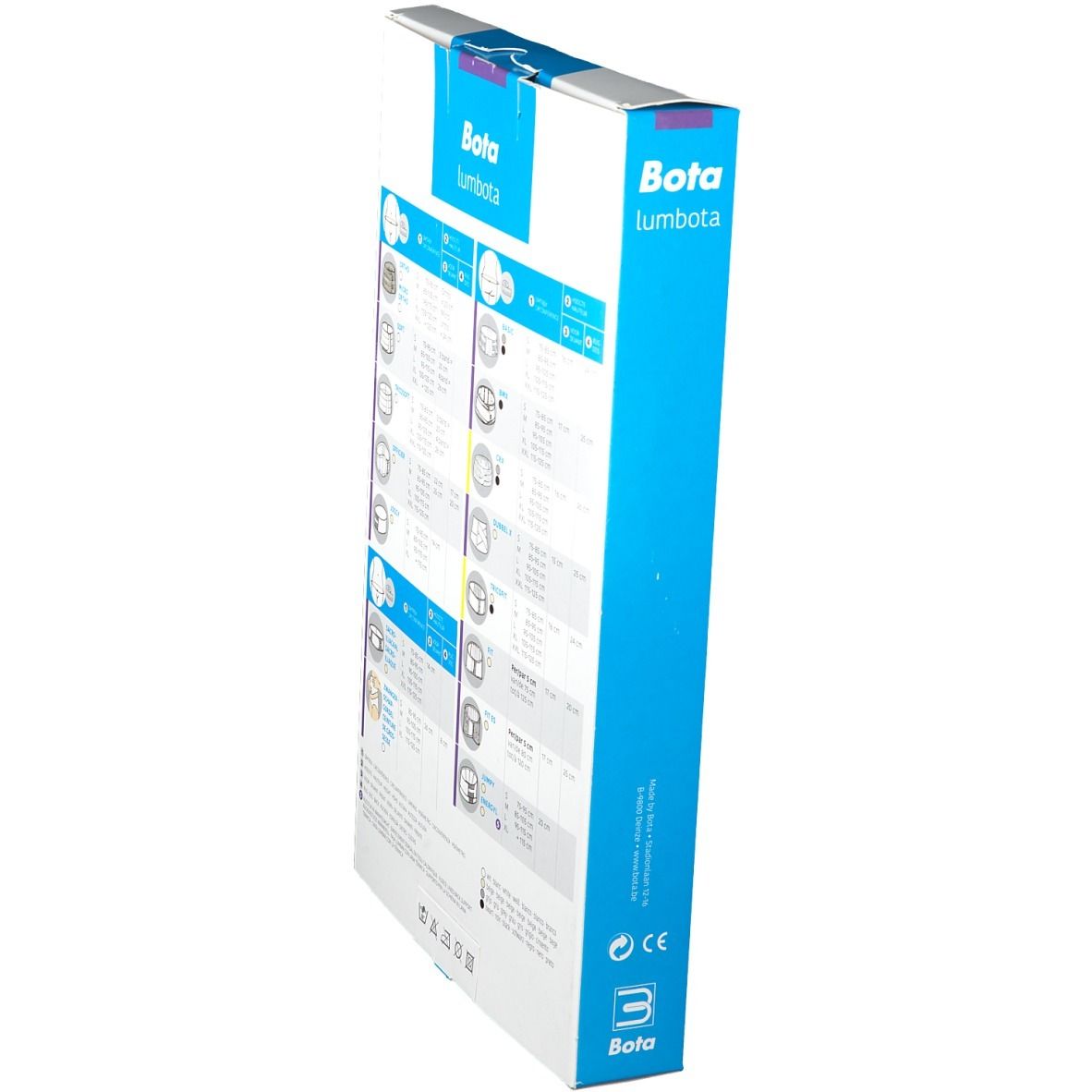 Vue latérale de l'emballage Bota Lumbota Soft 4b XL. Informations sur le produit et logo.
