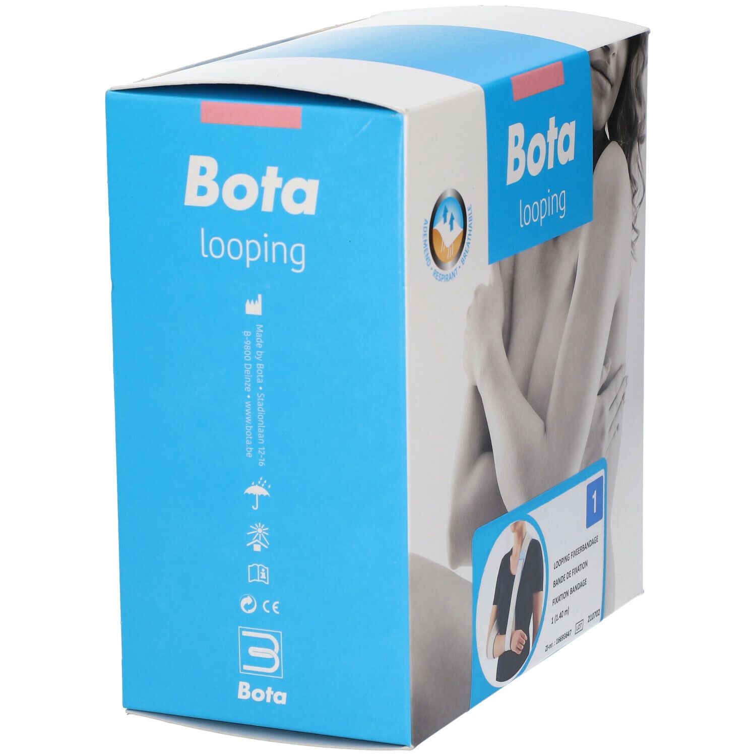 Blauwe verpakking van Bota Looping Fixeerband N1. Bevat productafbeelding en logo. Met symbolen voor bescherming.