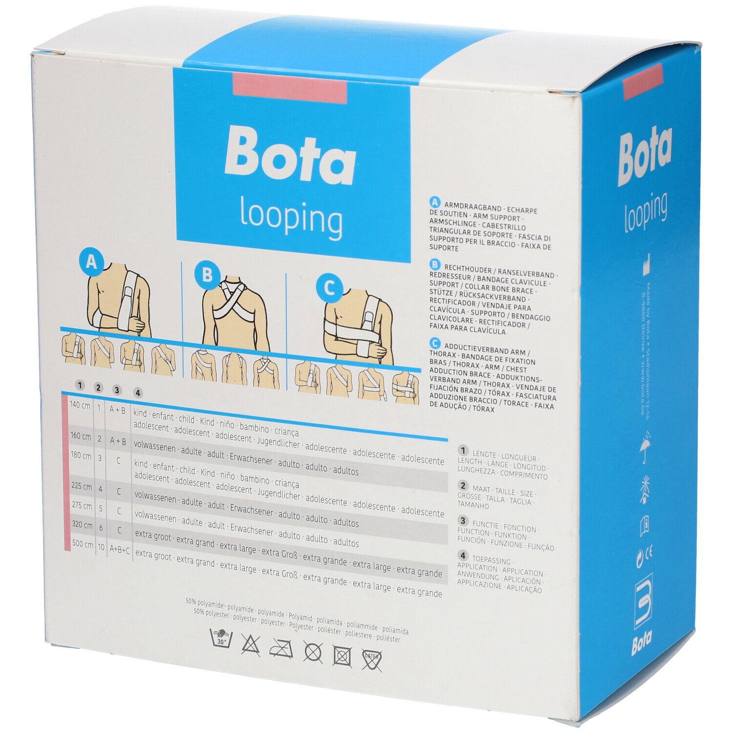 Achterkant van de Bota Looping Fixeerband N1 verpakking. Bevat voorbeelden van gebruik en maat informatie. Blauw en wit design.