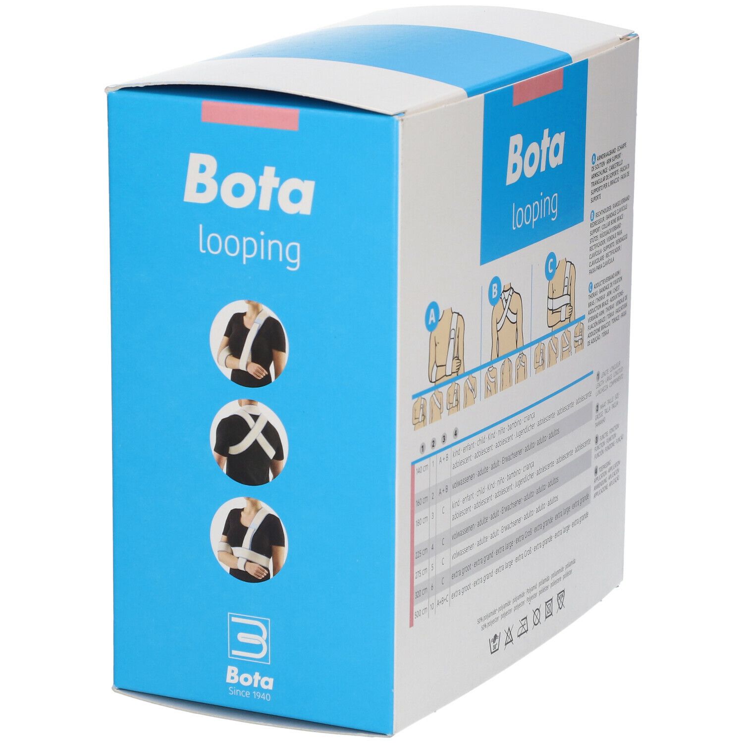 Achterkant van de Bota Looping Fixeerband N1 verpakking. Toont voorbeelden van gebruik. Blauw en wit design met logo.