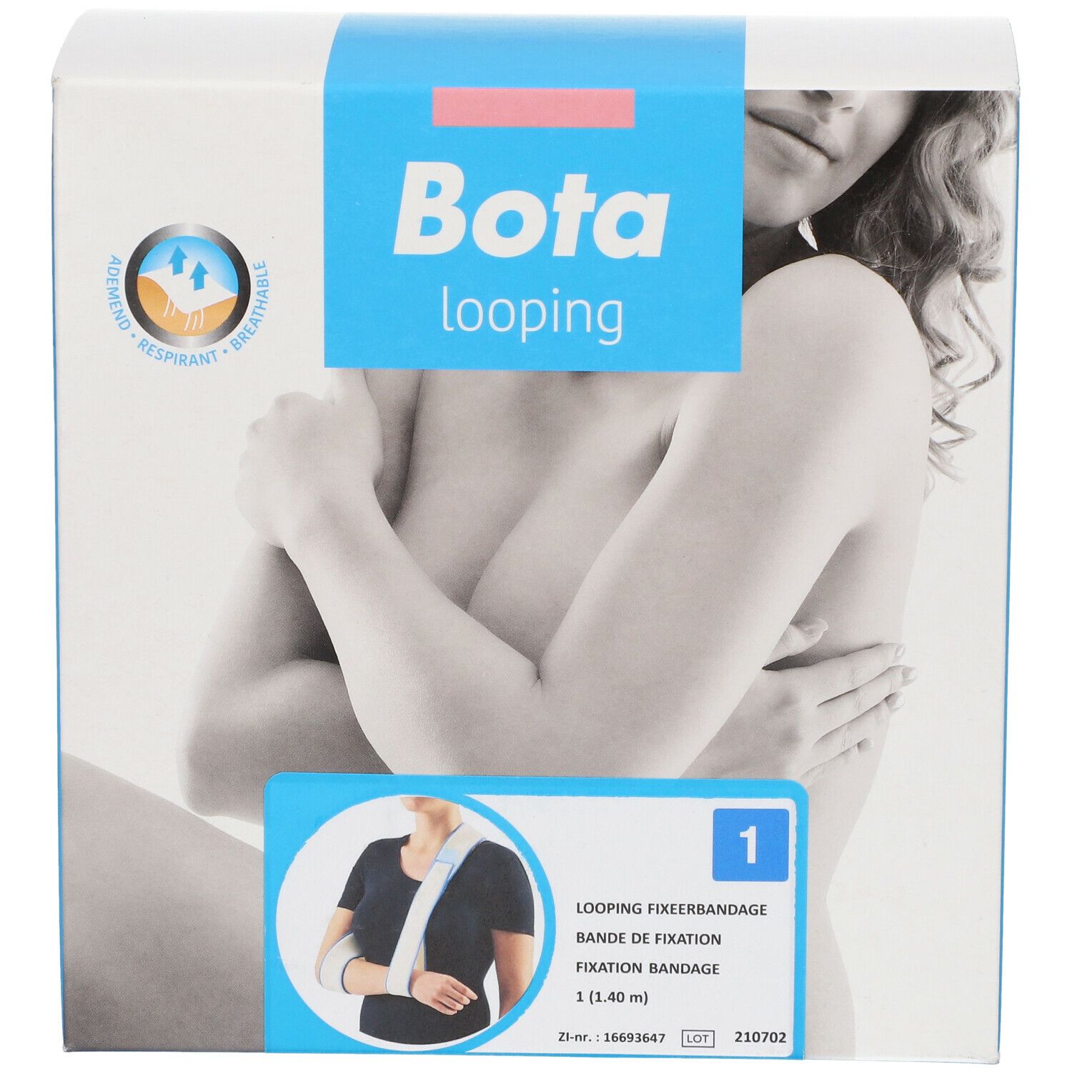 Verpakking van Bota Looping Fixeerband N1. Blauwe en witte doos met productafbeelding en logo. Bevat fixeerband.
