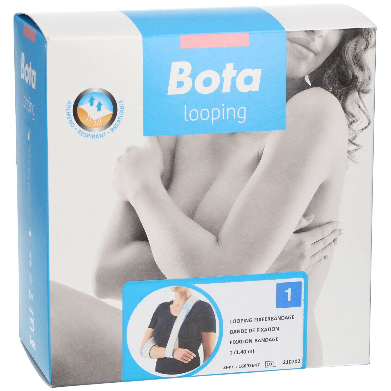 Verpakking van Bota Looping Fixeerband N1. Blauwe en witte doos met productafbeelding en logo. Bevat fixeerband.
