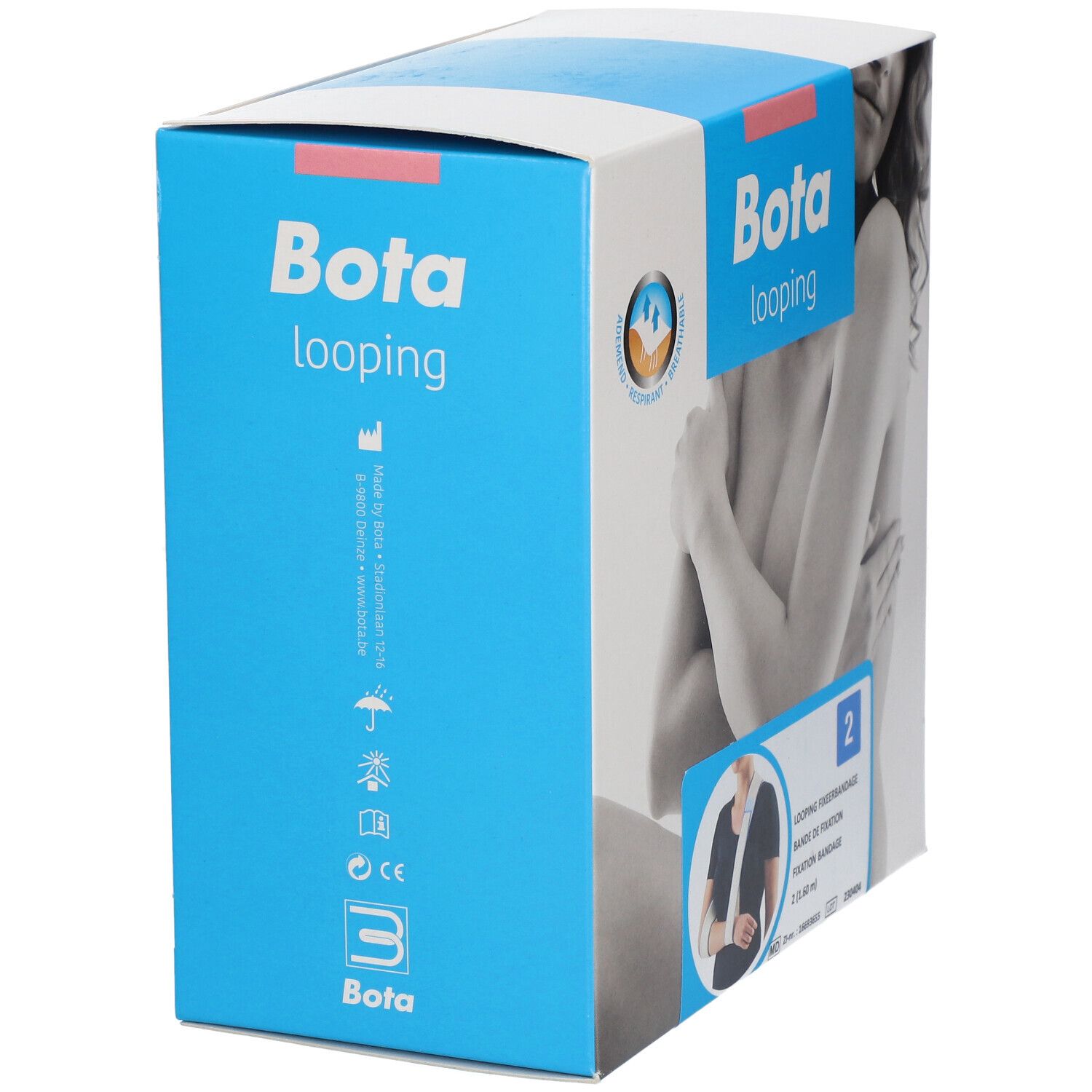 Emballage bleu Bota Looping. Inscription : respirant. Illustration d'une femme. Logo Bota. Marquage CE.
