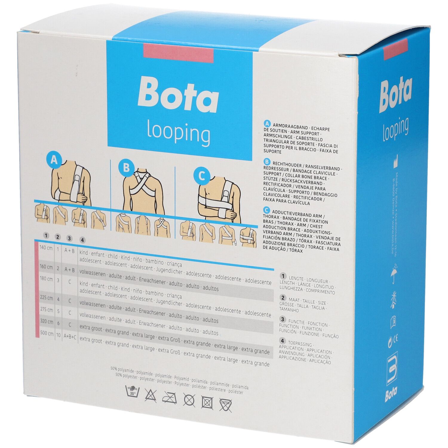 Dos de l'emballage Bota Looping. Graphiques d'application. Informations de taille. Texte multilingue.