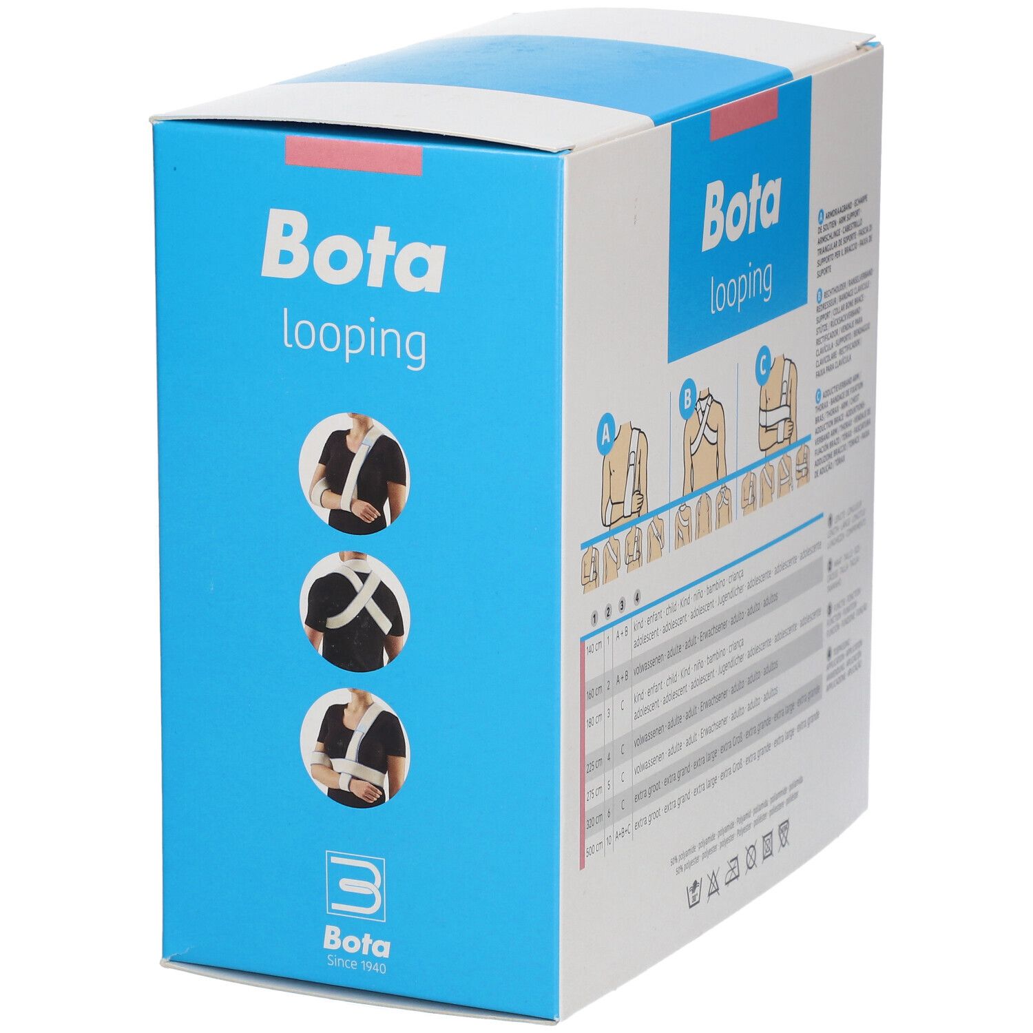 Emballage bleu Bota Looping. Illustrations d'application. Logo Bota. Texte multilingue.