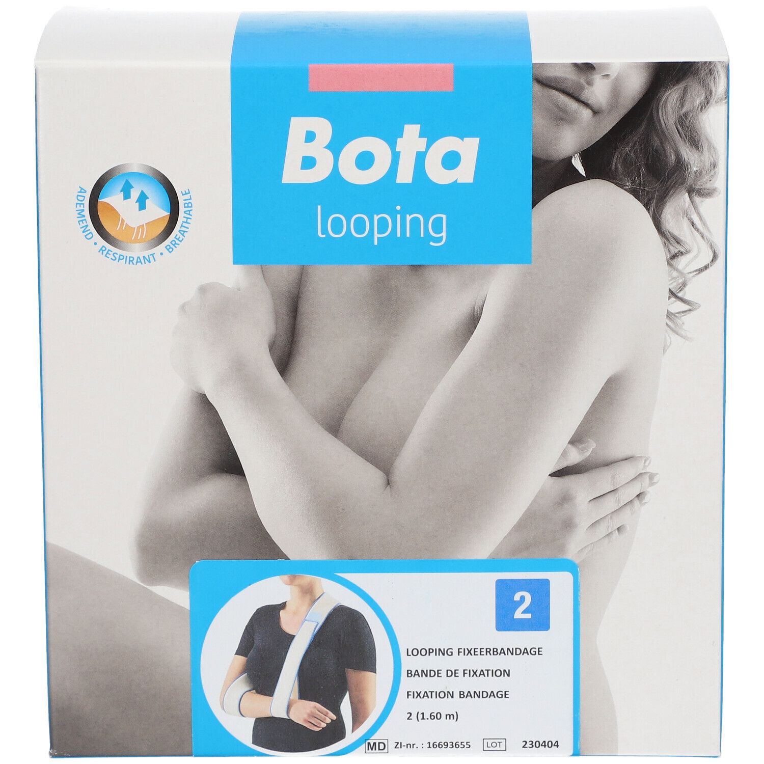 Emballage Bota Looping. Inscription : respirant, 2 bandages de fixation. Illustration d'une femme avec une attelle.