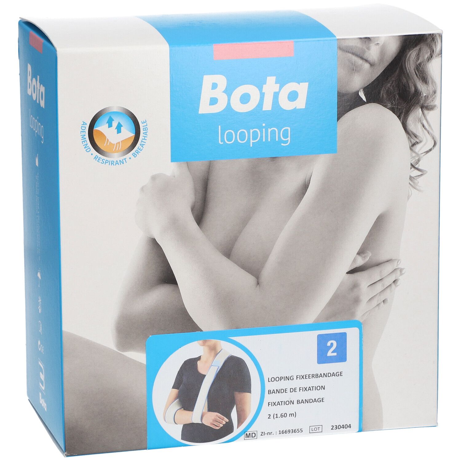 Emballage Bota Looping. Inscription : respirant, 2 bandages de fixation. Illustration d'une femme avec une attelle.