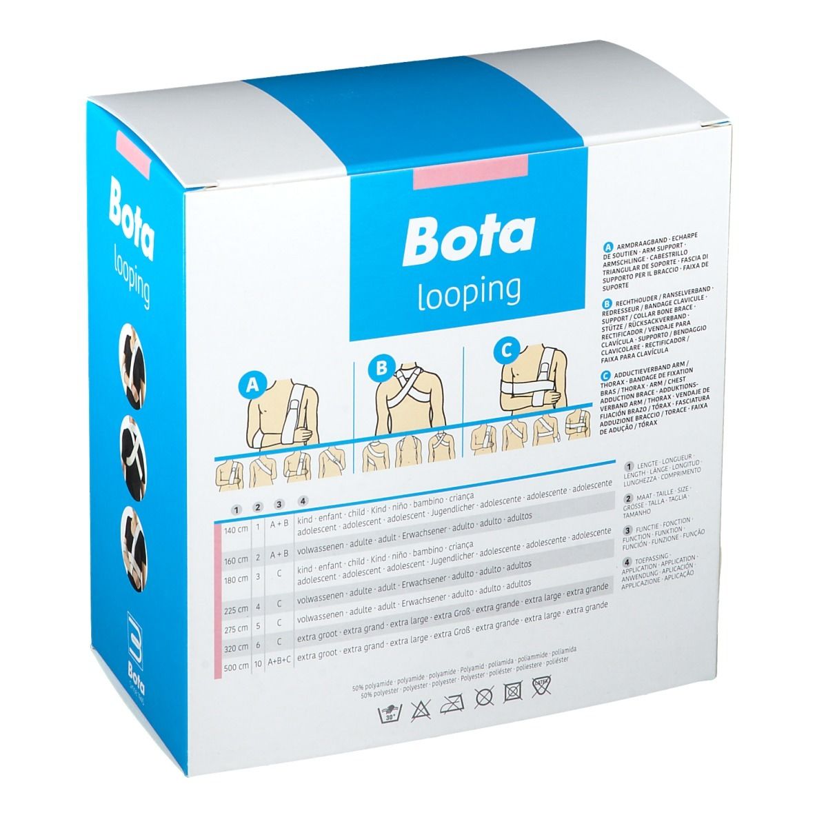 Emballage de Bota looping. Dos avec tableau des tailles et illustrations du produit.