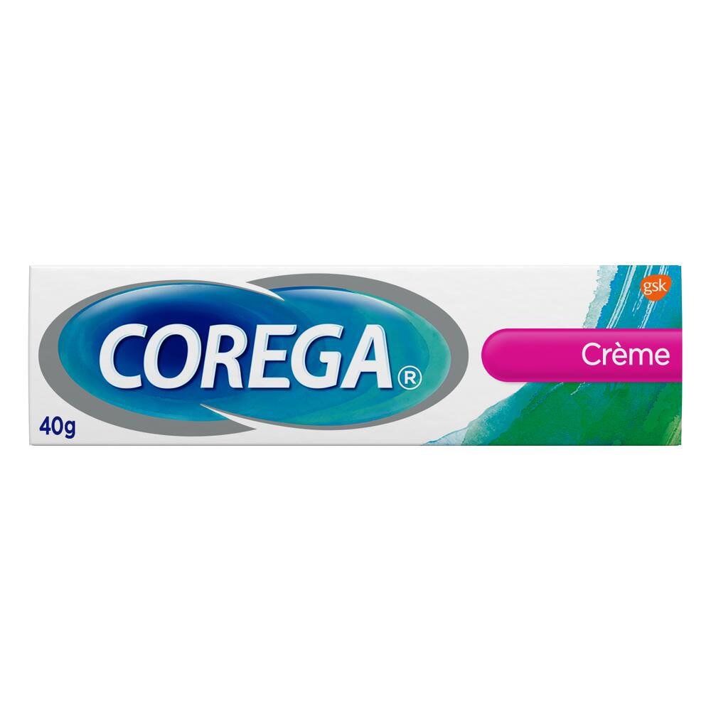 Tube Corega crème, 40g. Opschrift "Crème". Kleuren: wit, blauw, roze.