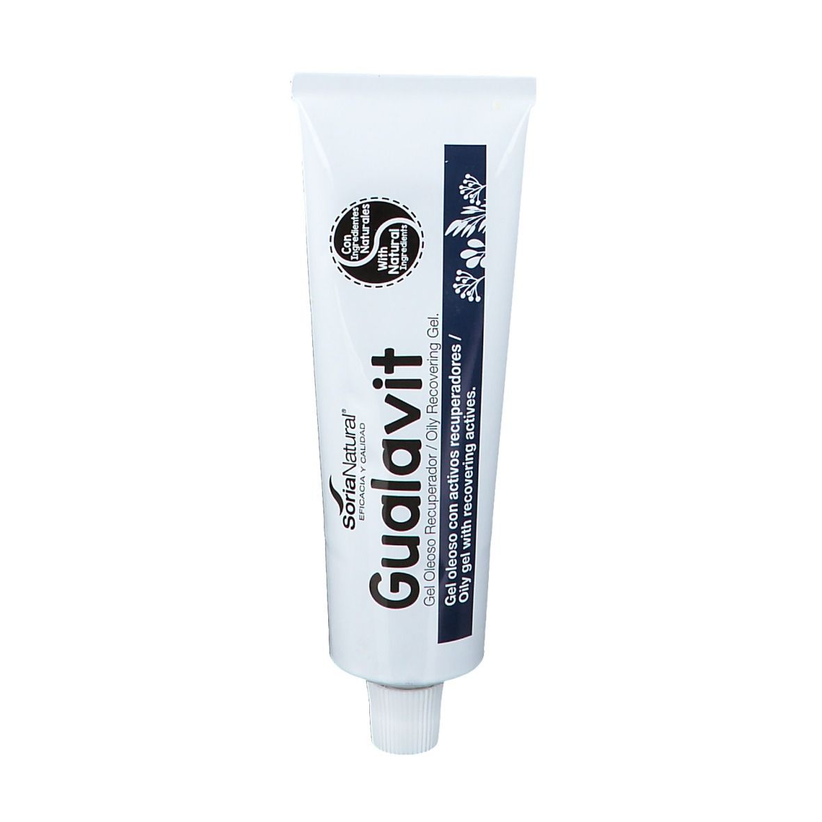 Tube blanc avec inscription Gualavit. Logo Soria Natural. Gel pour la peau. Avec ingrédients naturels.