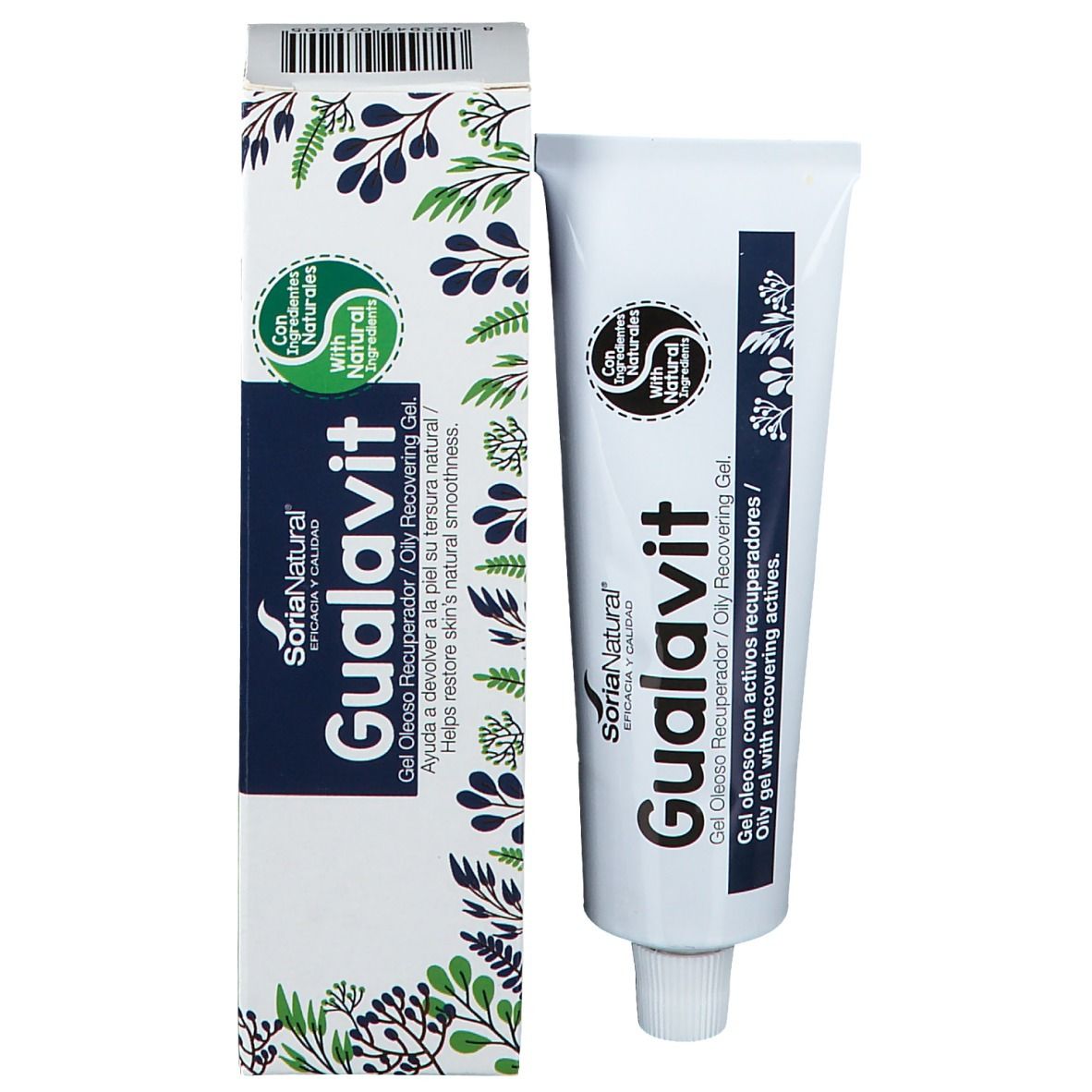 Emballage du produit avec tube. Gel Gualavit et boîte. Logo Soria Natural. Avec ingrédients naturels.