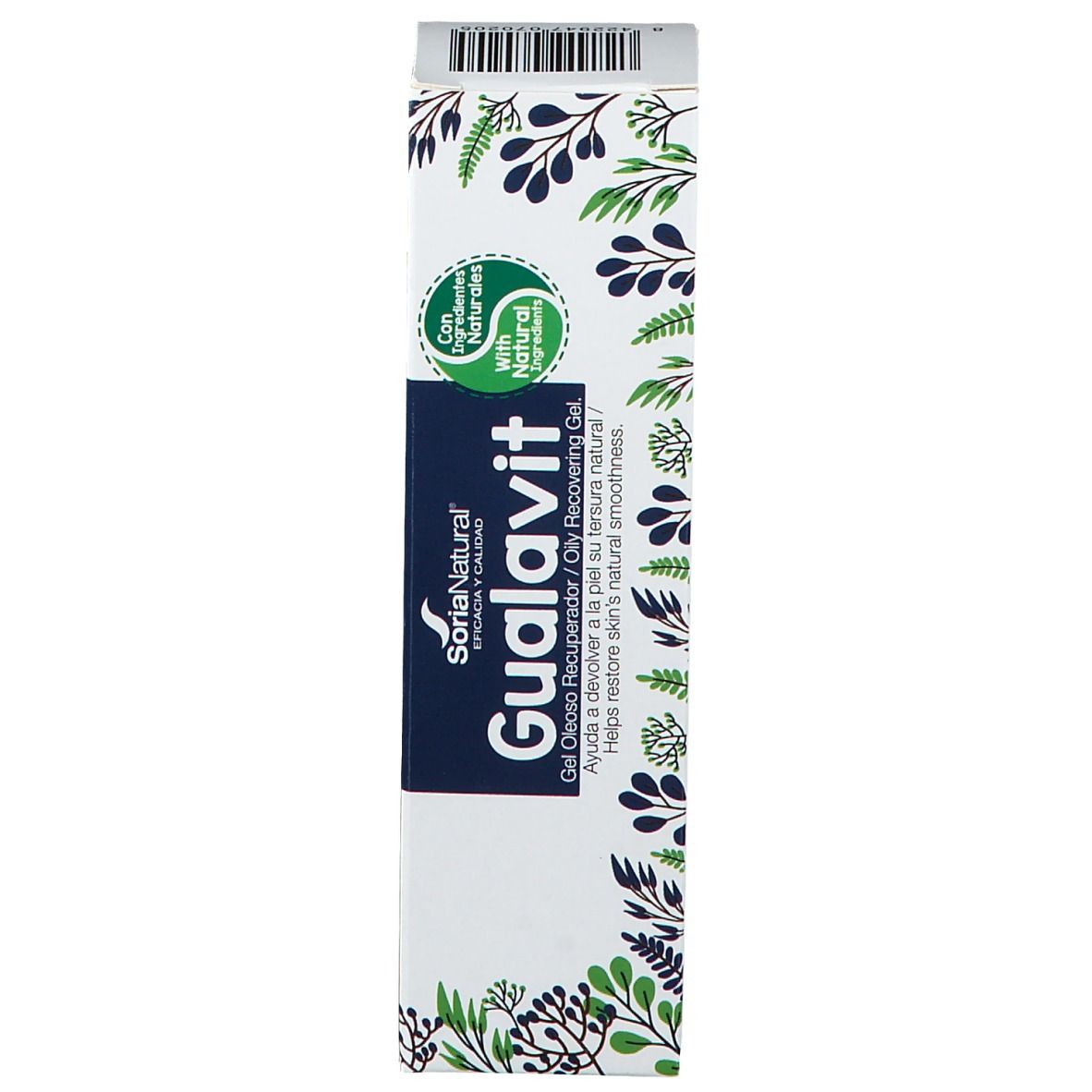 Emballage du produit. Boîte de gel Gualavit. Logo Soria Natural. Avec ingrédients naturels. Code-barres en haut.