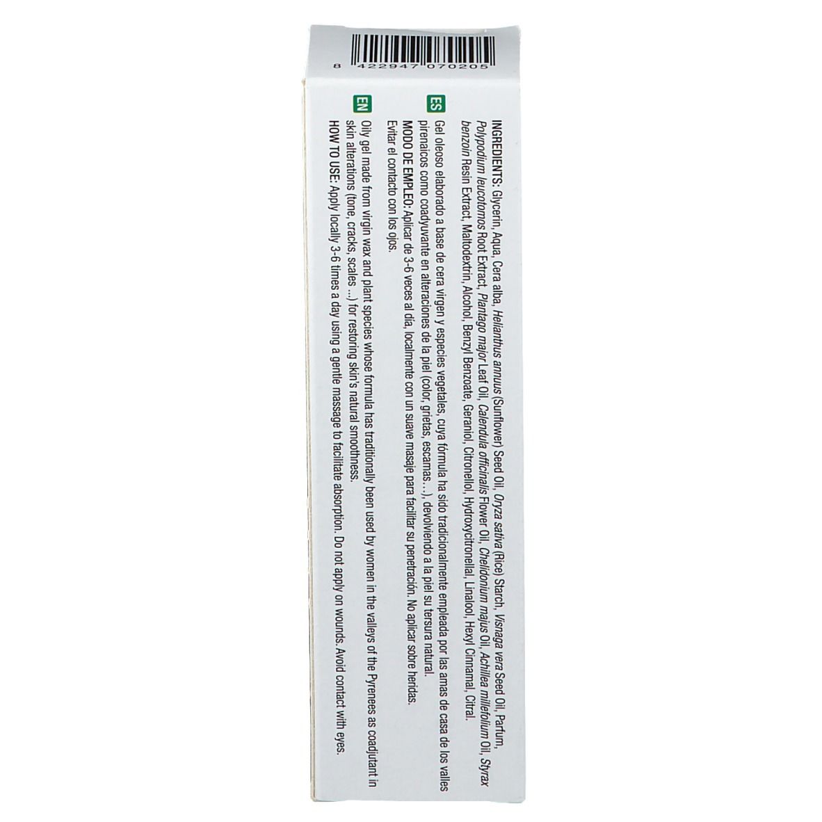 Dos de l'emballage du produit. Ingrédients et instructions d'utilisation. Texte en plusieurs langues.