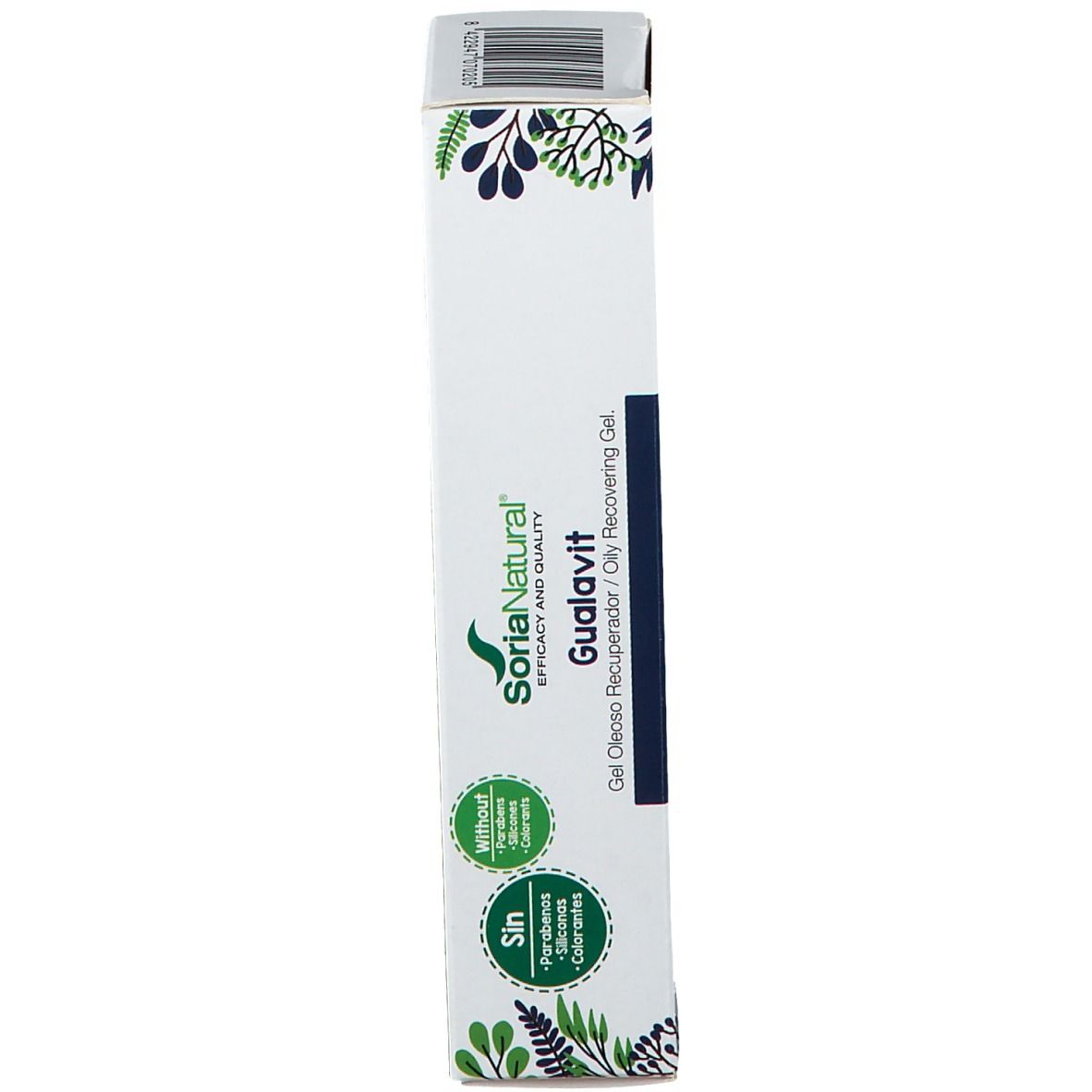 Vue latérale de l'emballage du produit. Gel Gualavit. Logo Soria Natural. Sans silicones ni colorants.