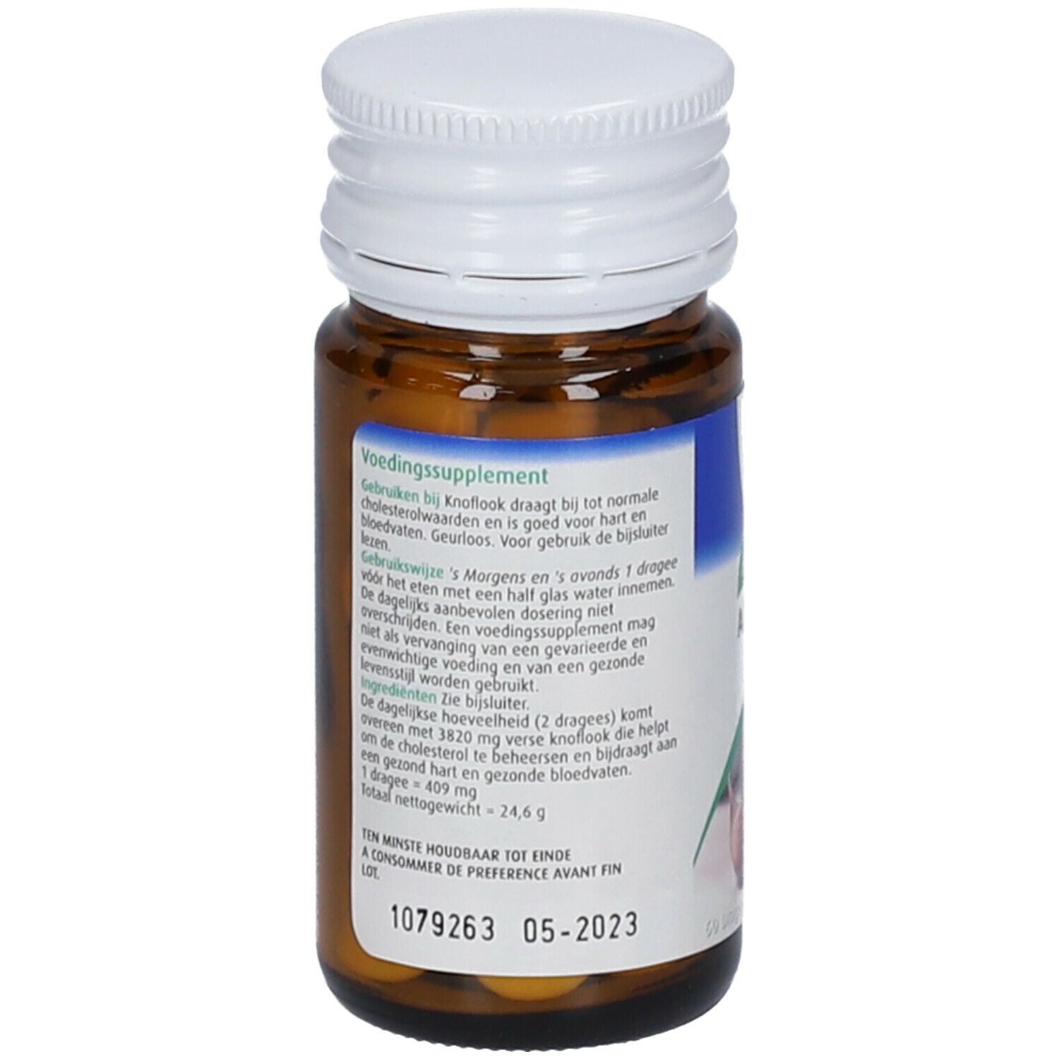 Bruine glazen fles met witte dop. Blauw etiket met tekst. Bevat gele tabletten. Ten minste houdbaar tot: 05-2023.