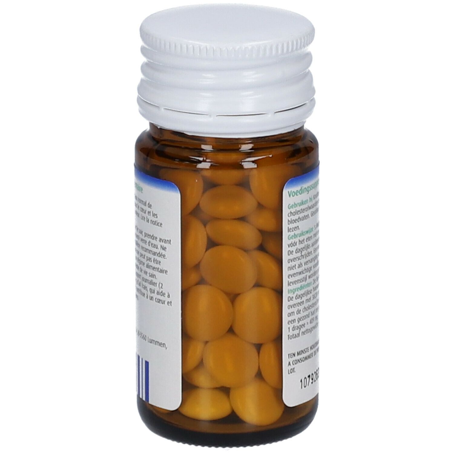 Bruine glazen fles met witte dop. Gevuld met gele tabletten. Achterkant met blauw etiket en tekst.