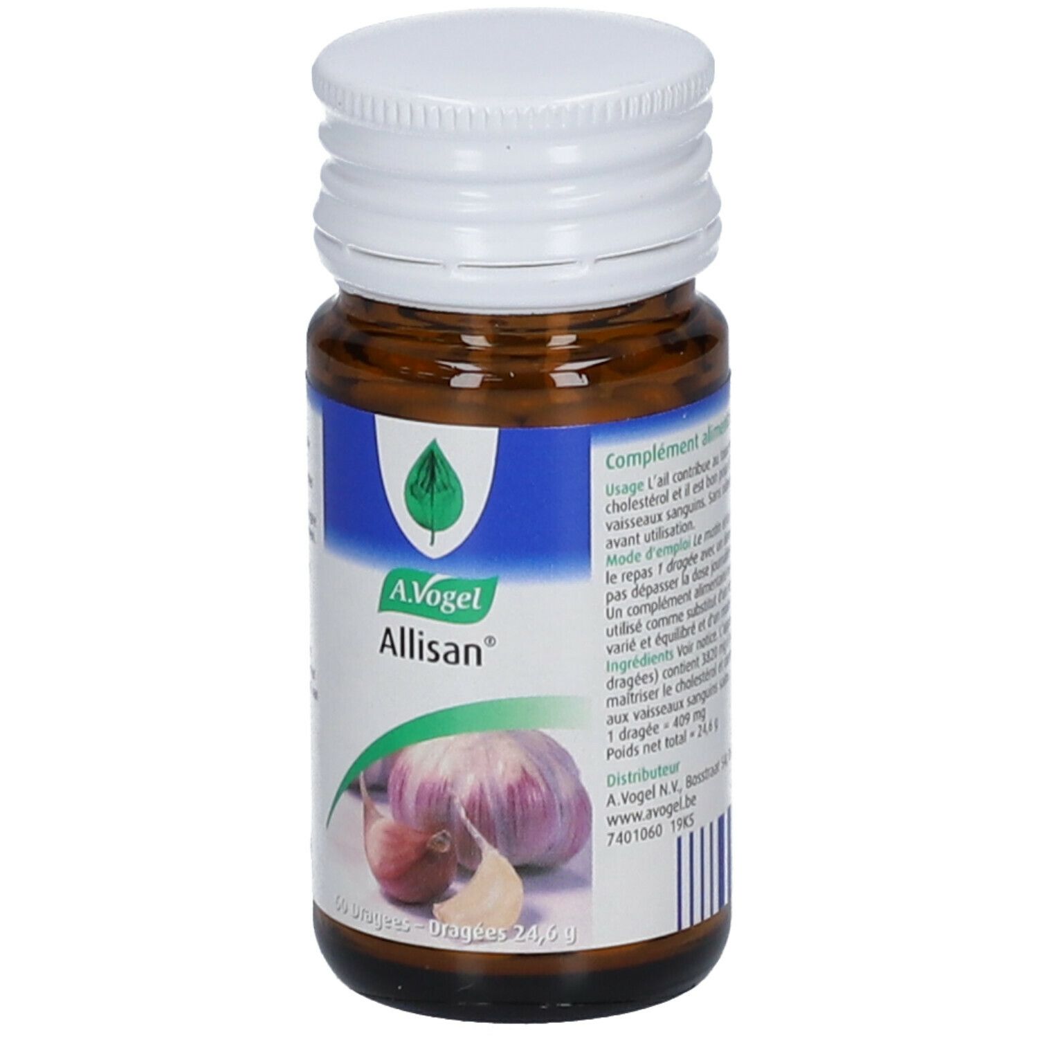 Bruine glazen fles met witte dop. A.Vogel Allisan. Illustratie van knoflook. Blauw etiket.