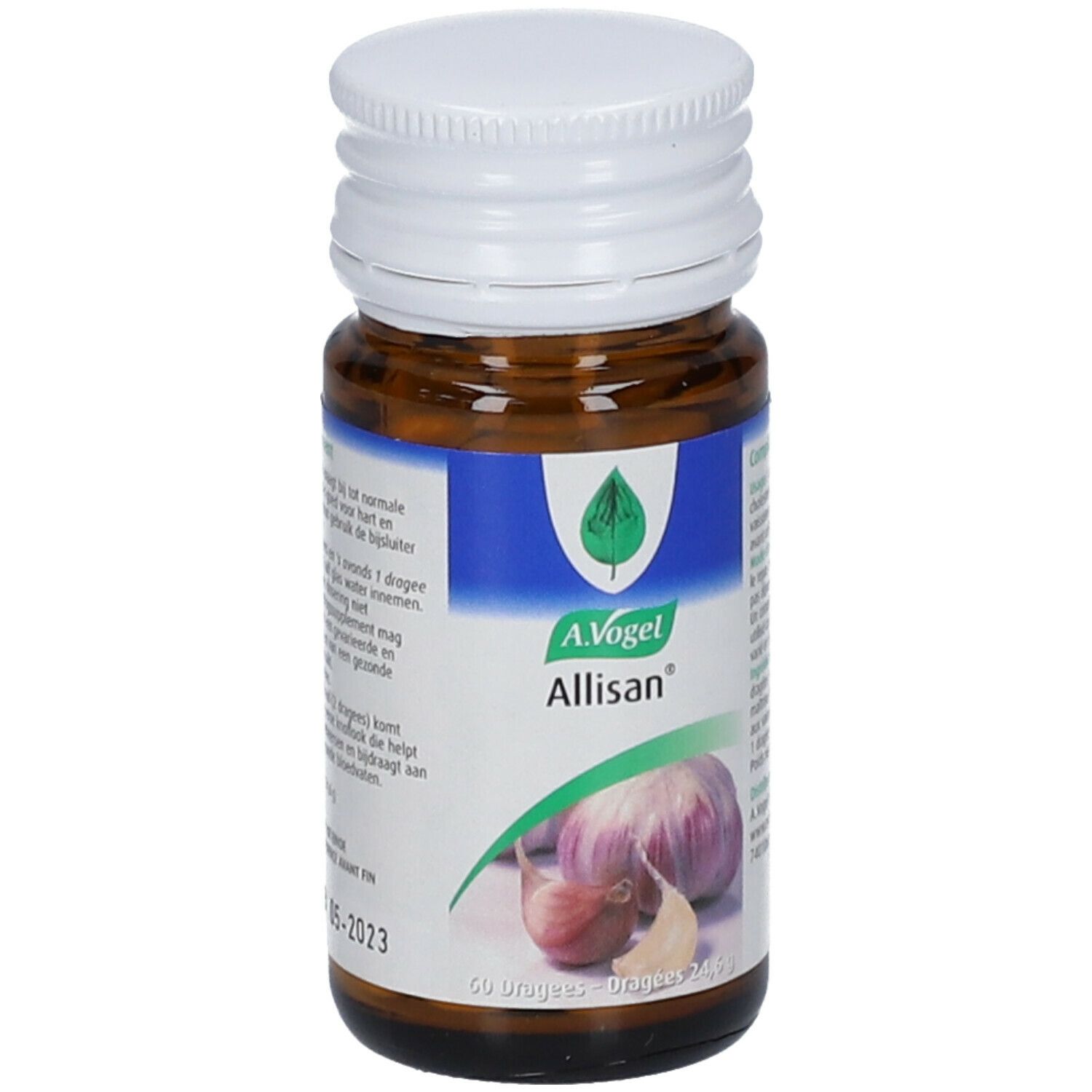 Bruine glazen fles met witte dop. A.Vogel Allisan. Illustratie van knoflook. Blauw etiket.