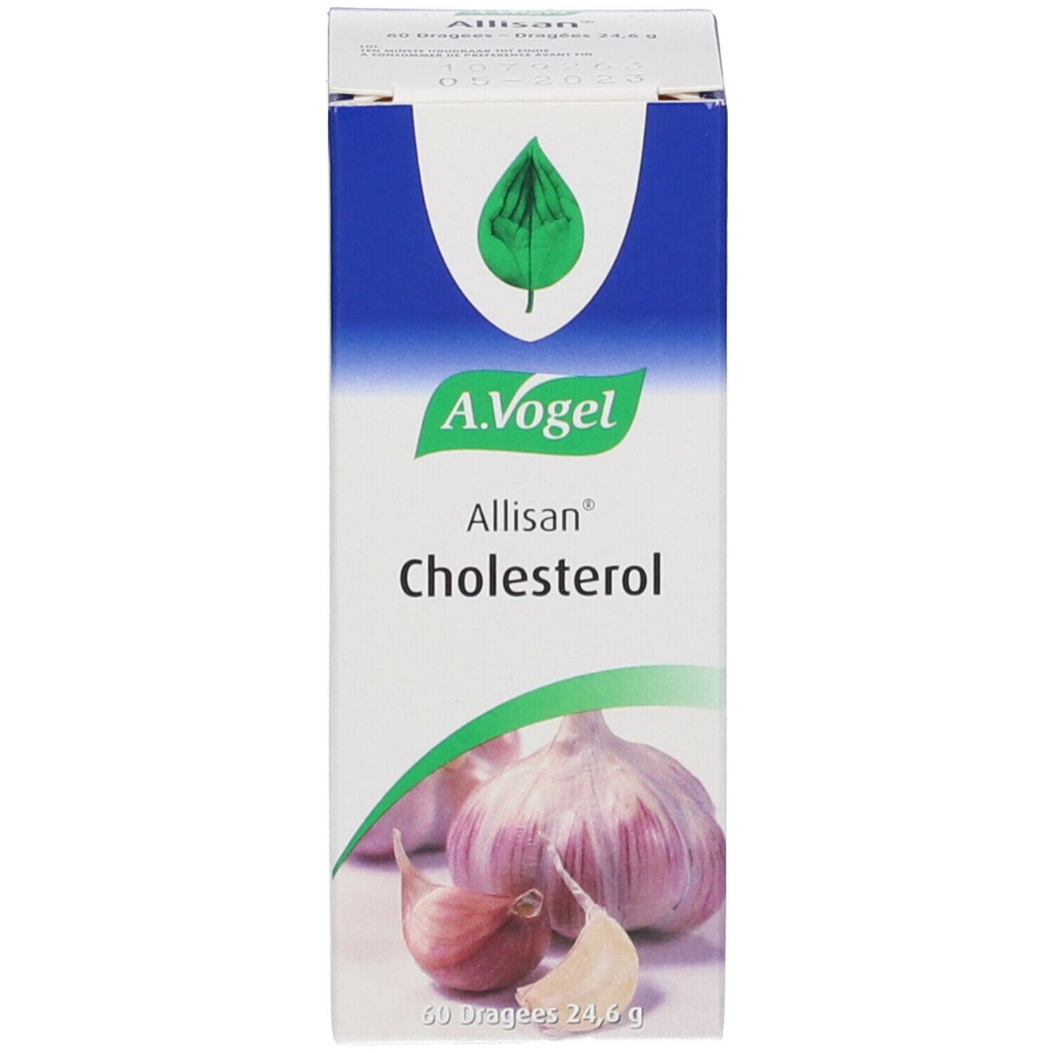Witte doos. A.Vogel Allisan Cholesterol. Illustratie van knoflook. 60 dragées.