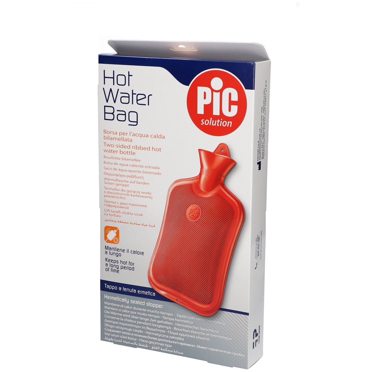 Emballage avec bouillotte rouge. Inscription: Hot Water Bag, PIC solution. Bouillotte à deux côtés nervurés.