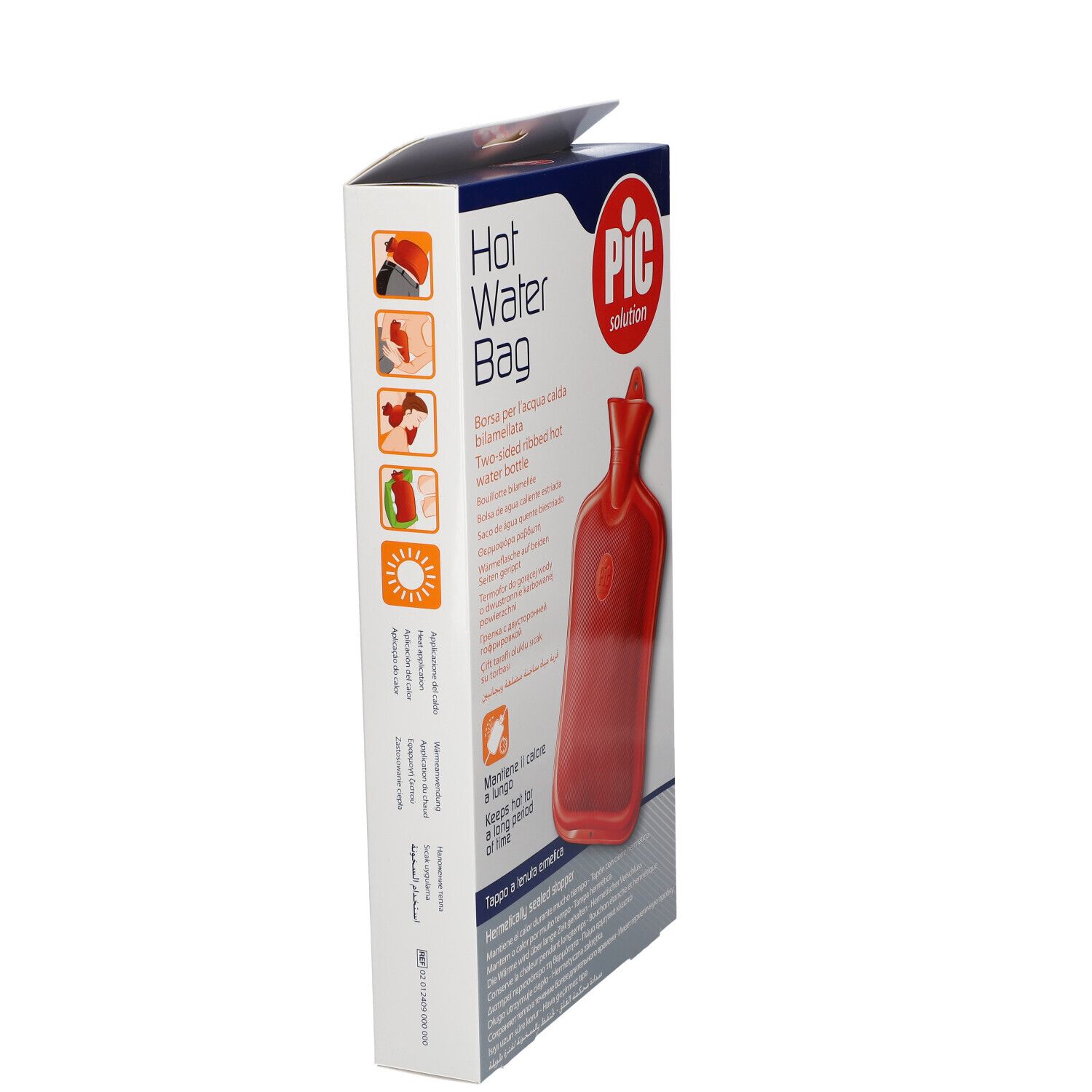 Emballage avec bouillotte rouge, vue latérale. Inscription: Hot Water Bag, PIC solution. Illustration du produit.