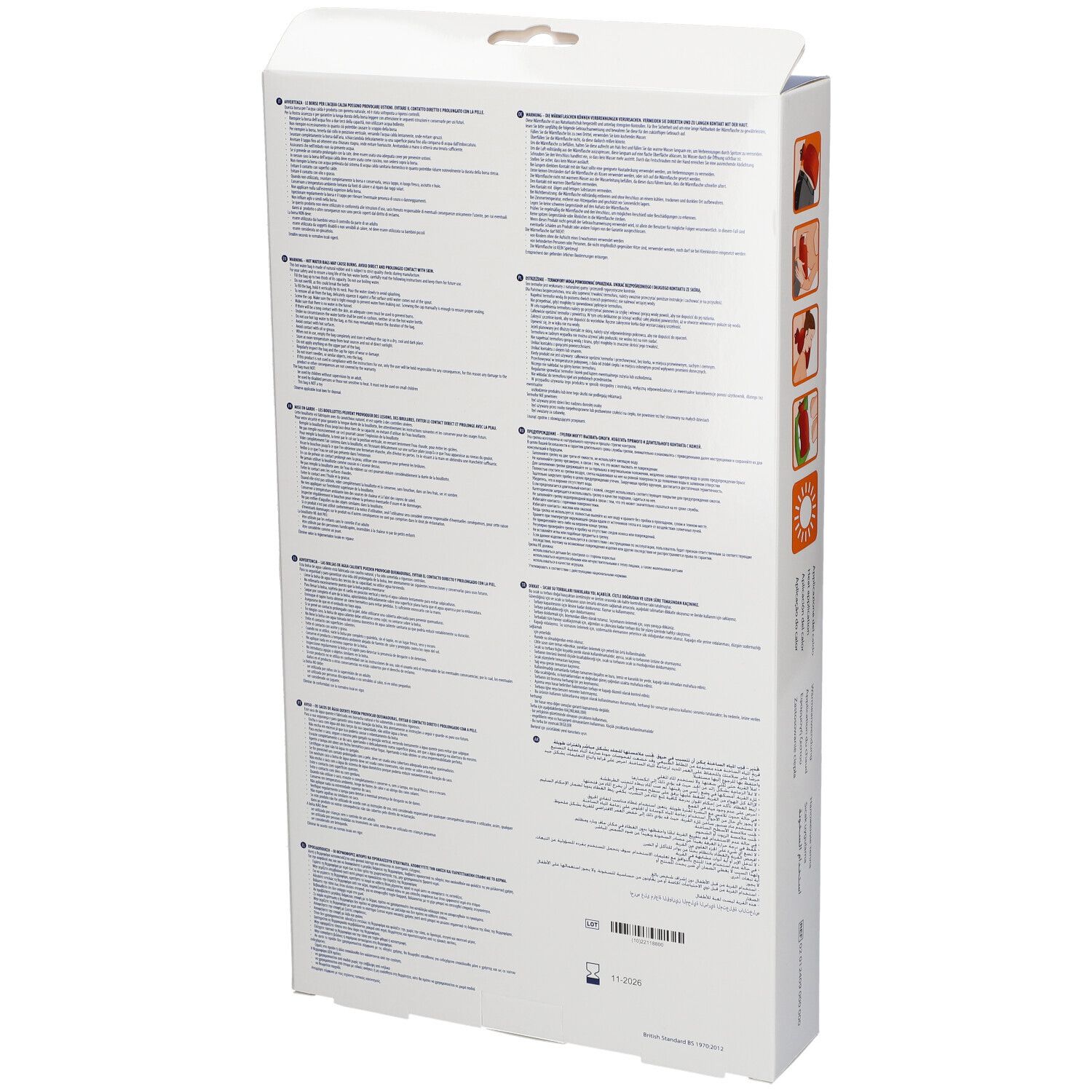 Dos de l'emballage. Texte multilingue. Informations et instructions d'utilisation du produit.
