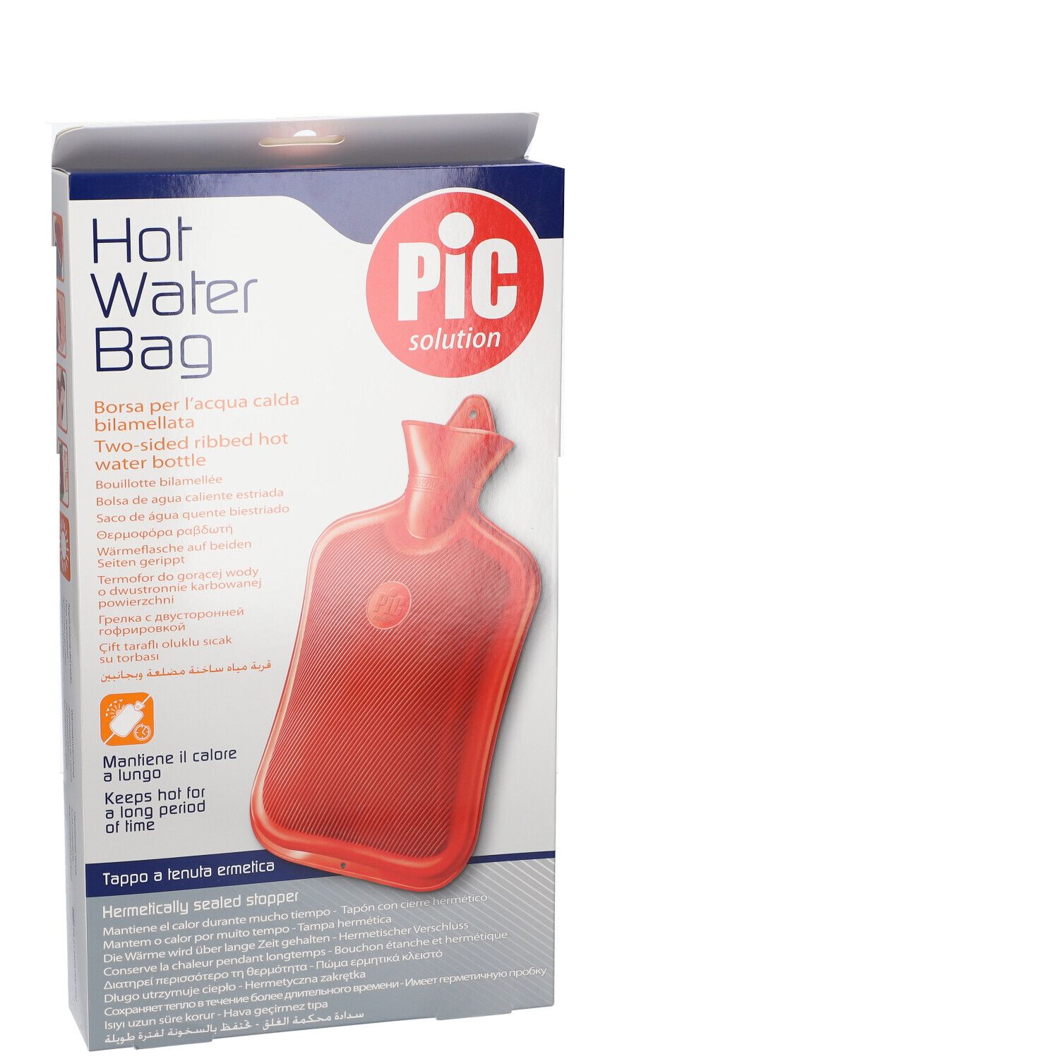 Emballage avec bouillotte rouge. Inscription: Hot Water Bag, PIC solution. Bouillotte à deux côtés nervurés.