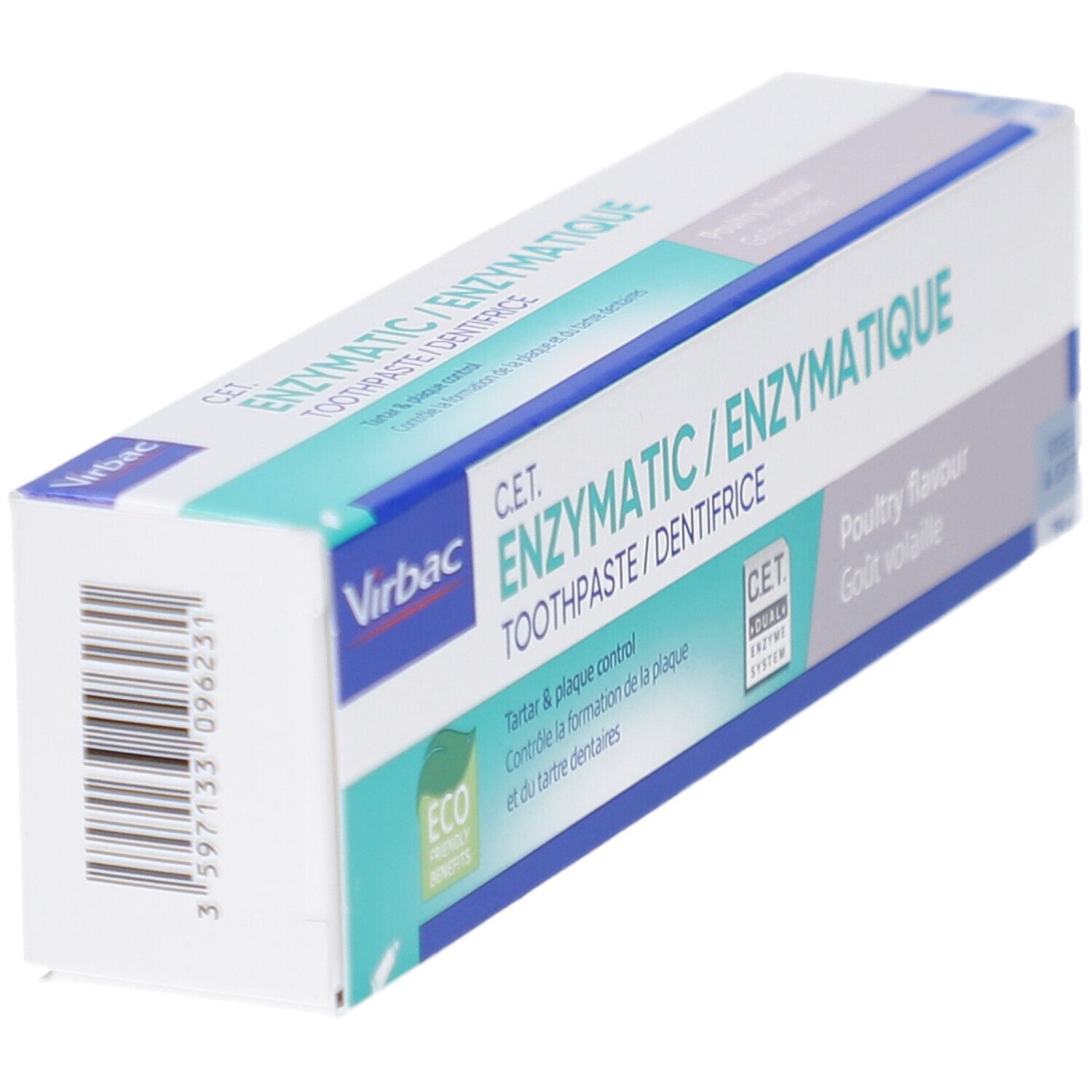 Zahncreme-Schachtel, Seitenansicht. Aufschrift "Enzymatic". Geschmack: Geflügel. Für Hunde und Katzen. Mit Barcode.