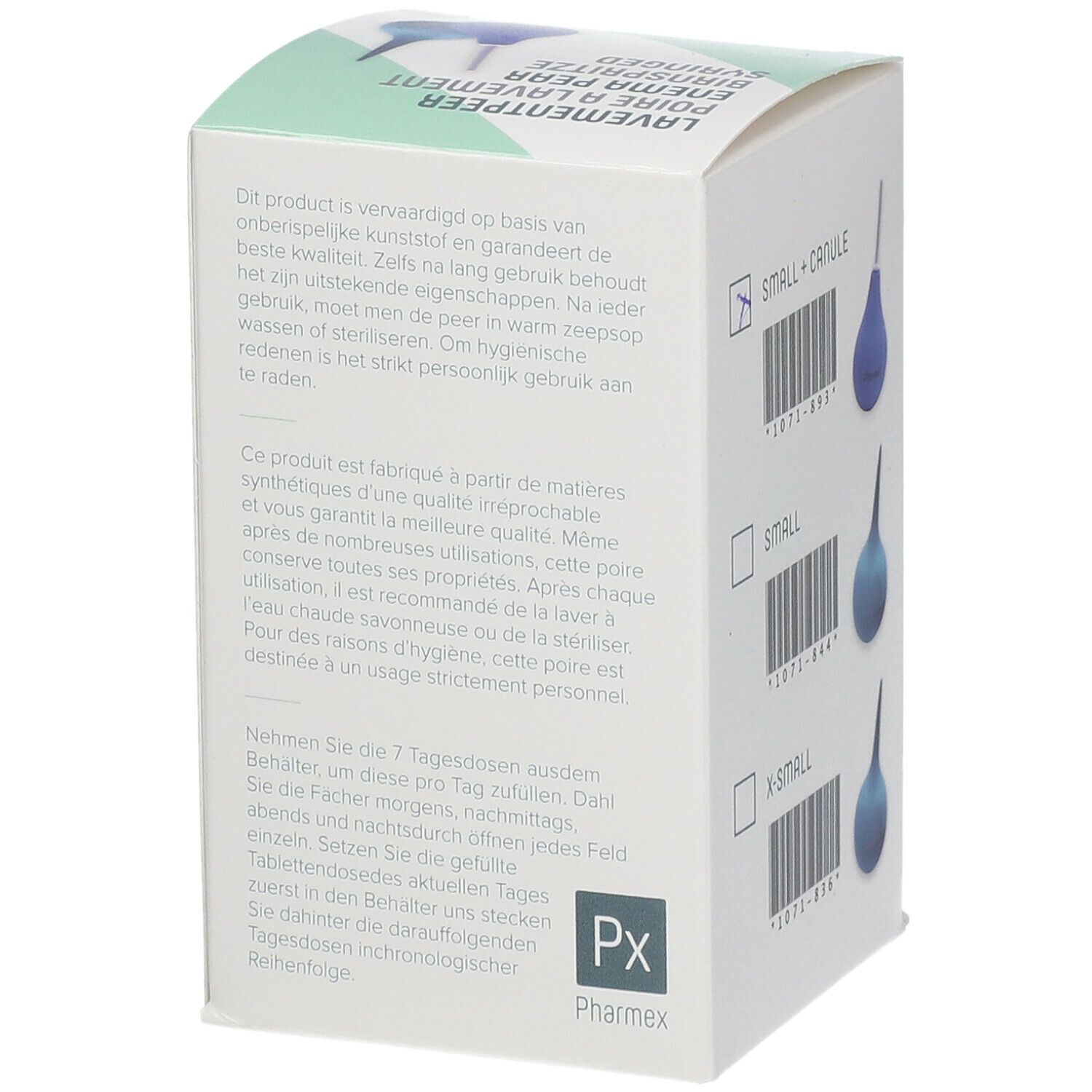 Boîte avec texte en allemand et français. Inscription : Lavementpeer, Birnspritze, Enema Pear. Marque : Pharmex. Texte sur la qualité.