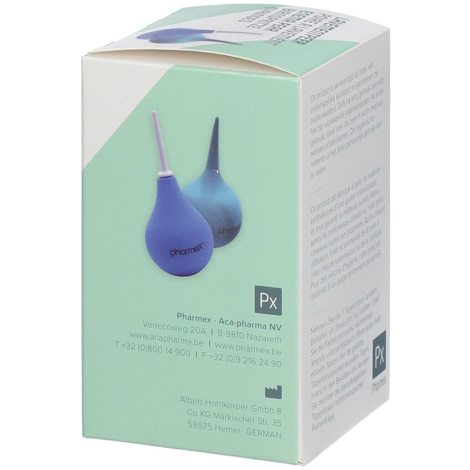 Boîte avec informations sur le produit. Inscription : Lavementpeer, Birnspritze, Enema Pear. Marque : Pharmex. Adresse : Aca-pharma NV.