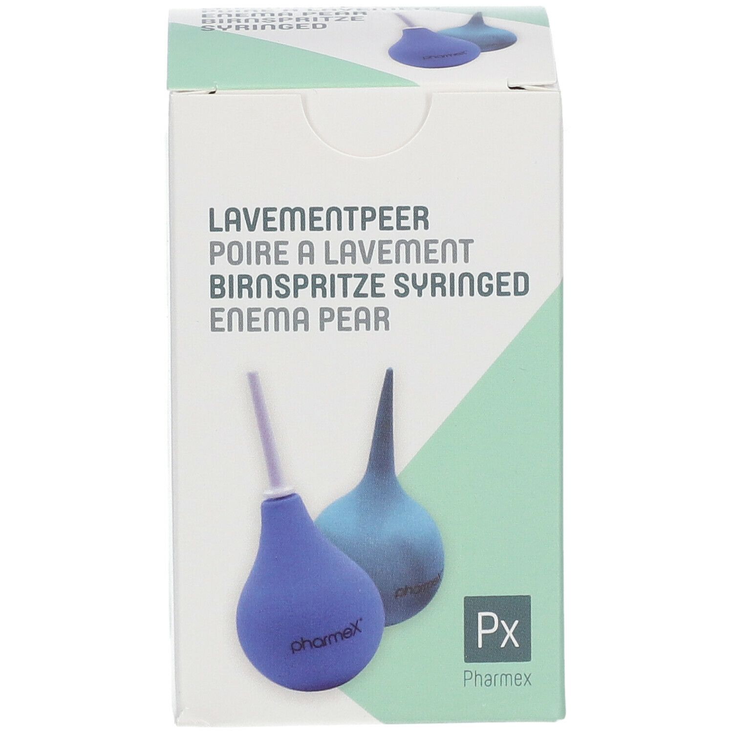 Boîte avec poire à lavement bleue. Inscription : Lavementpeer, Birnspritze, Enema Pear. Marque : Pharmex. Logo Px.