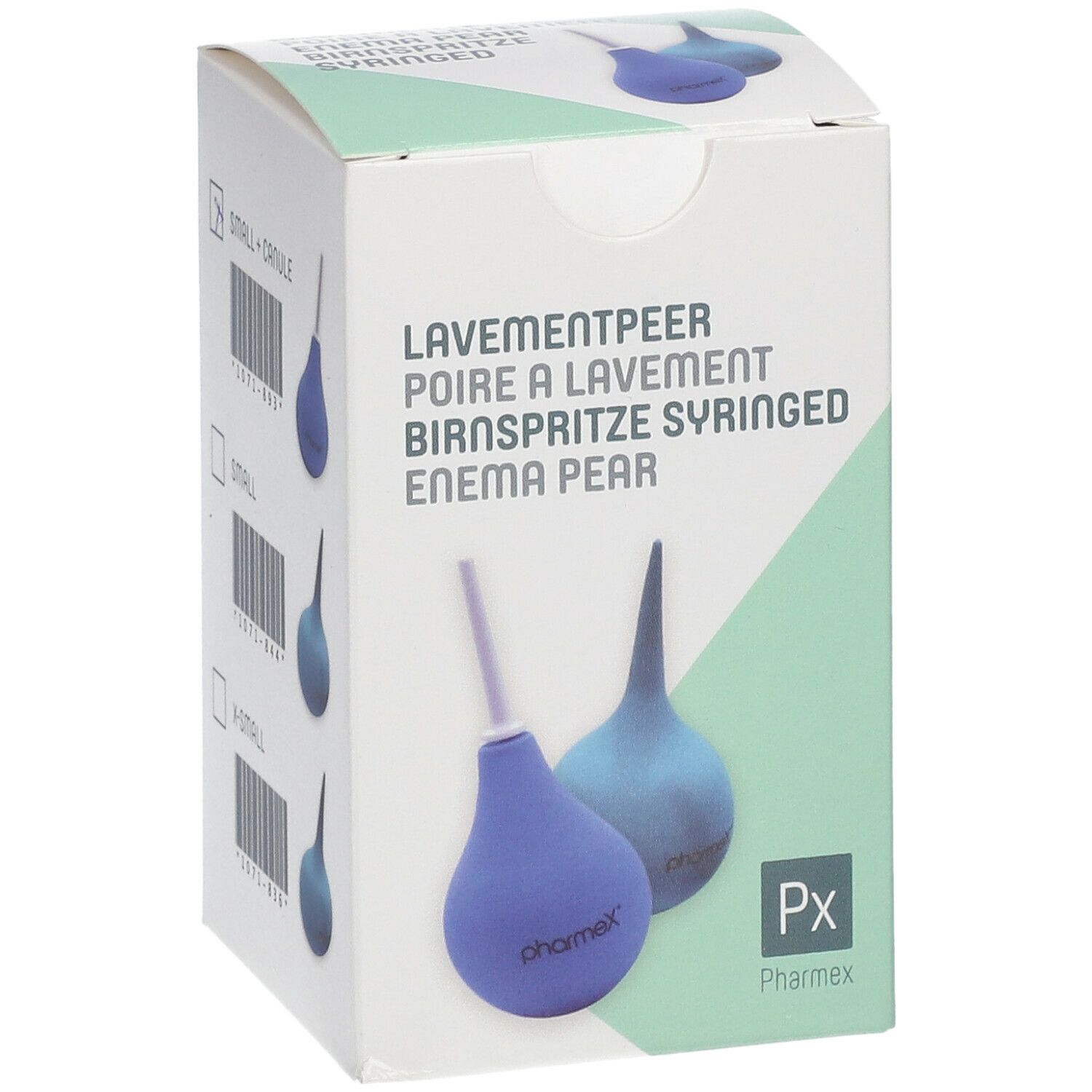 Boîte avec options de poires à lavement. Inscription : Lavementpeer, Birnspritze, Enema Pear. Marque : Pharmex. Logo Px.