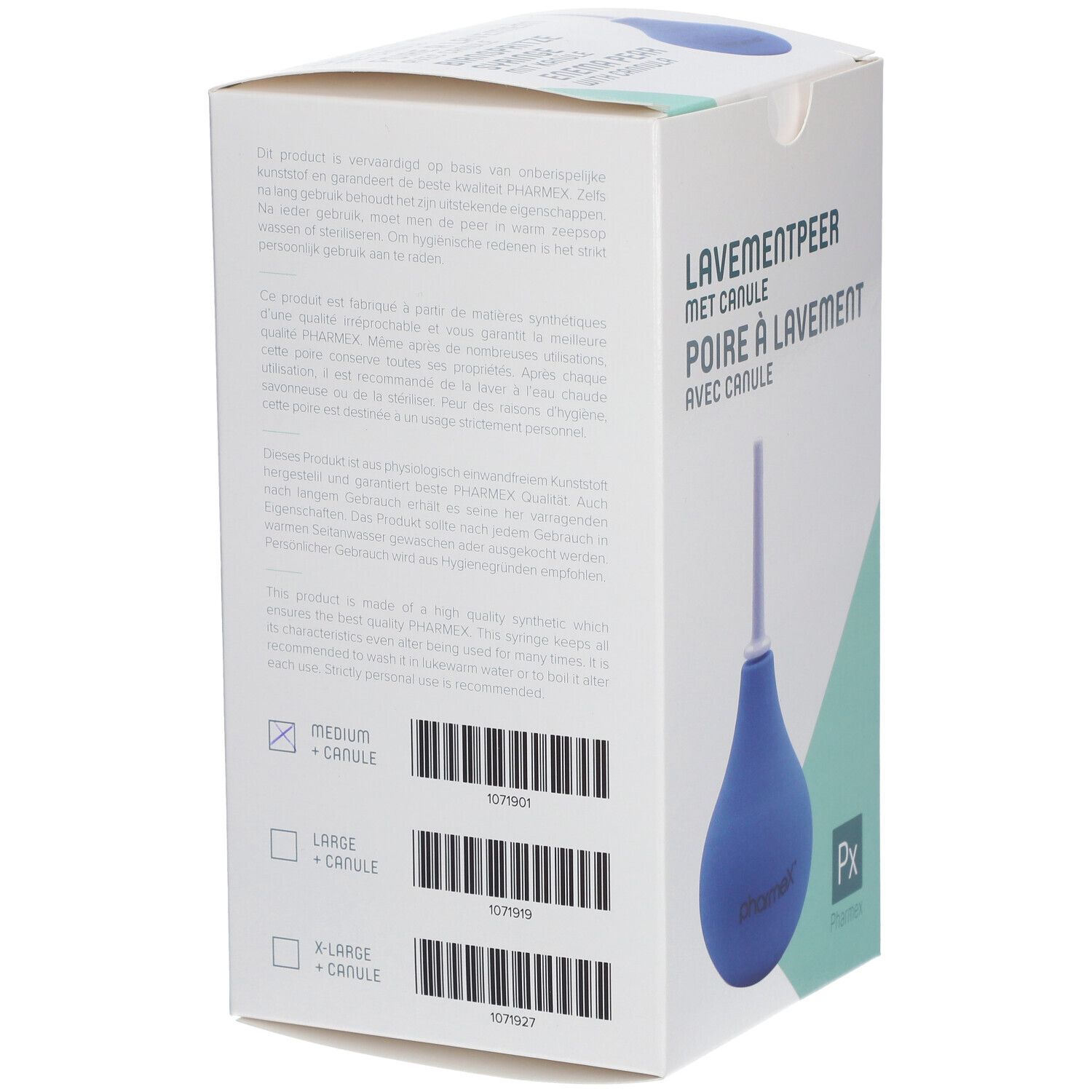 Emballage avec poire à lavement bleue et canule. Inscription: Lavementpeer. Codes-barres et tailles.