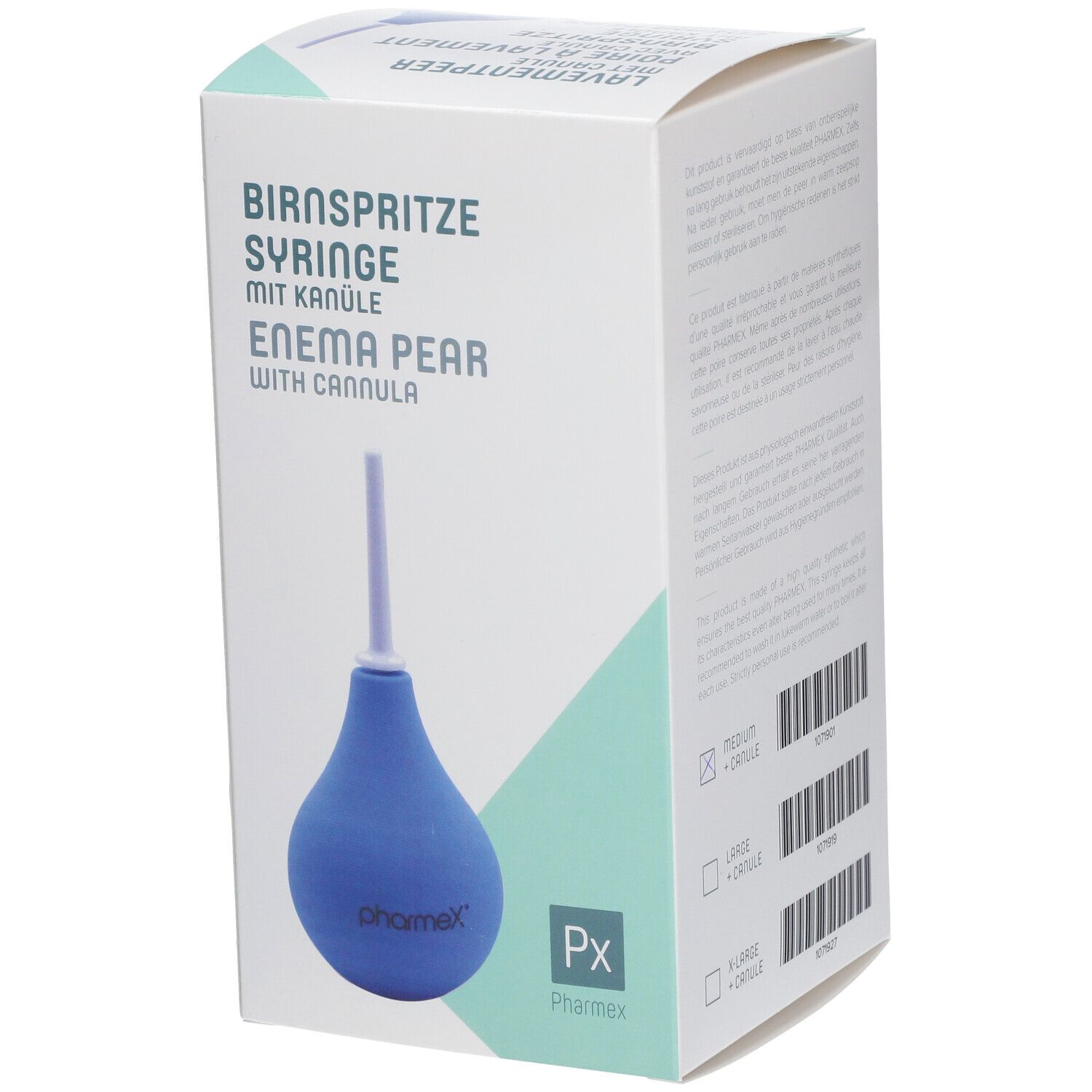 Emballage avec poire à lavement bleue et canule. Inscription: Birnspritze, Enema Pear, Pharmex.
