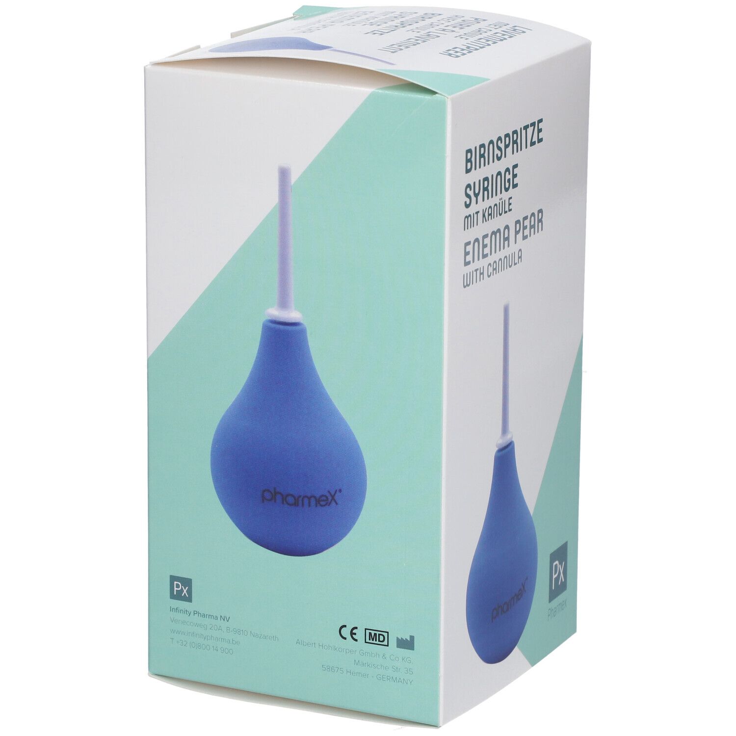Emballage avec poire à lavement bleue et canule. Inscription: Birnspritze, Enema Pear, Pharmex.