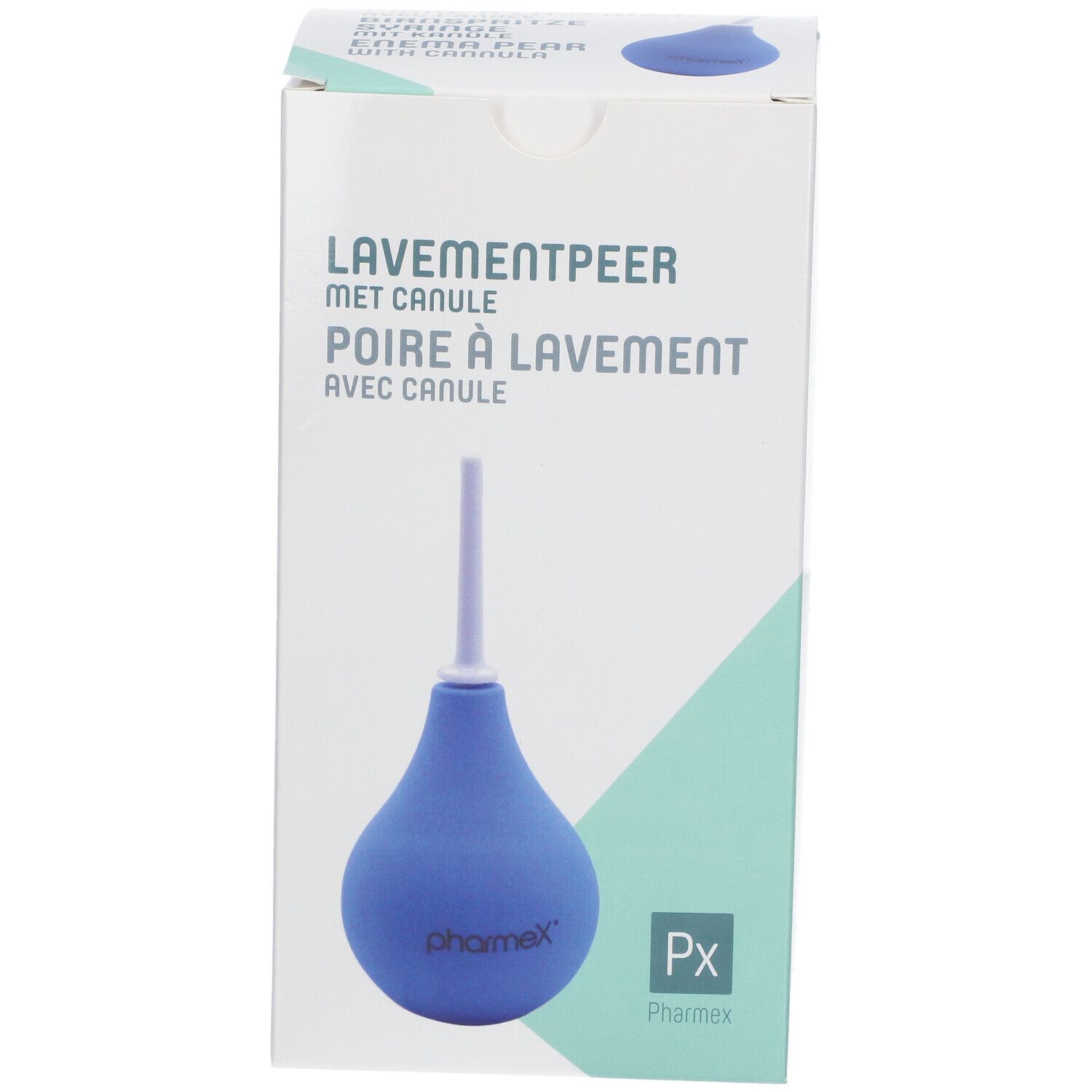 Emballage avec poire à lavement bleue et canule. Inscription: Lavementpeer, Pharmex.