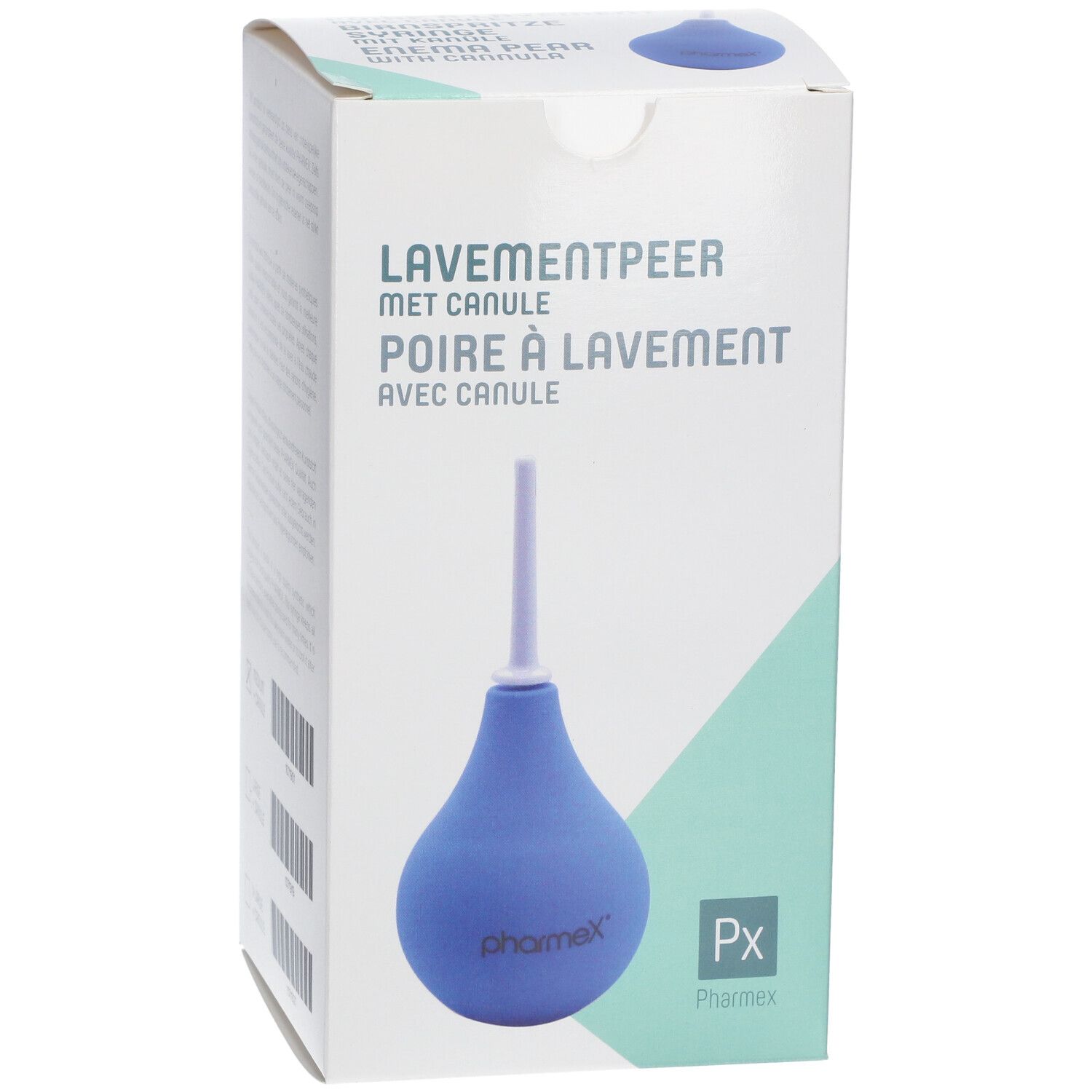 Emballage avec poire à lavement bleue et canule. Inscription: Lavementpeer, Pharmex.