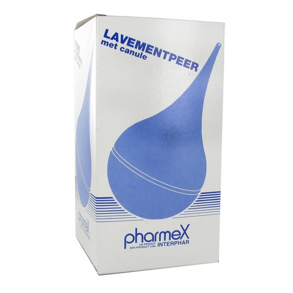 Verpakking met blauwe lavementpeer en canule. Opschrift: Lavementpeer met canule. Merk: pharmex.