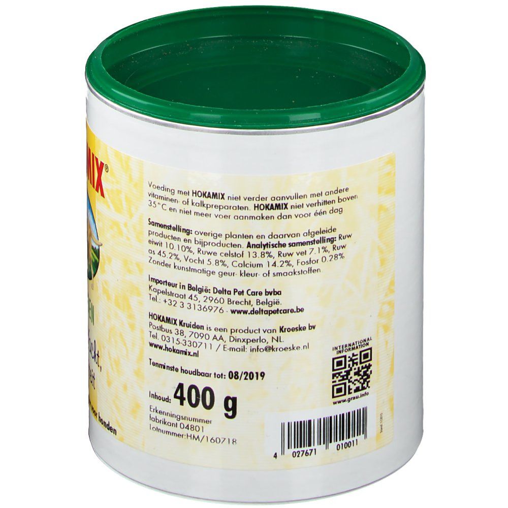 Behälter mit grünem Deckel. Aufschrift HOKAMIX. Rückseite mit Text und QR-Code. Inhalt: 400 g.