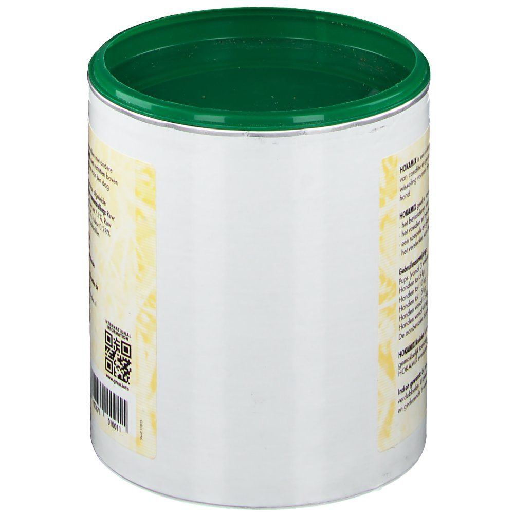 Behälter mit grünem Deckel. Rückseite mit Text und QR-Code.