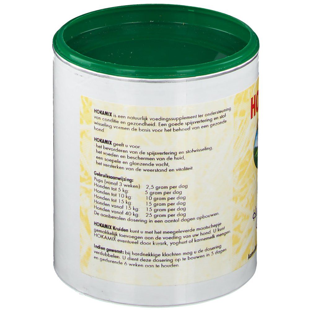Behälter mit grünem Deckel. Rückseite mit Text. Dosierungsanweisungen für Hunde.