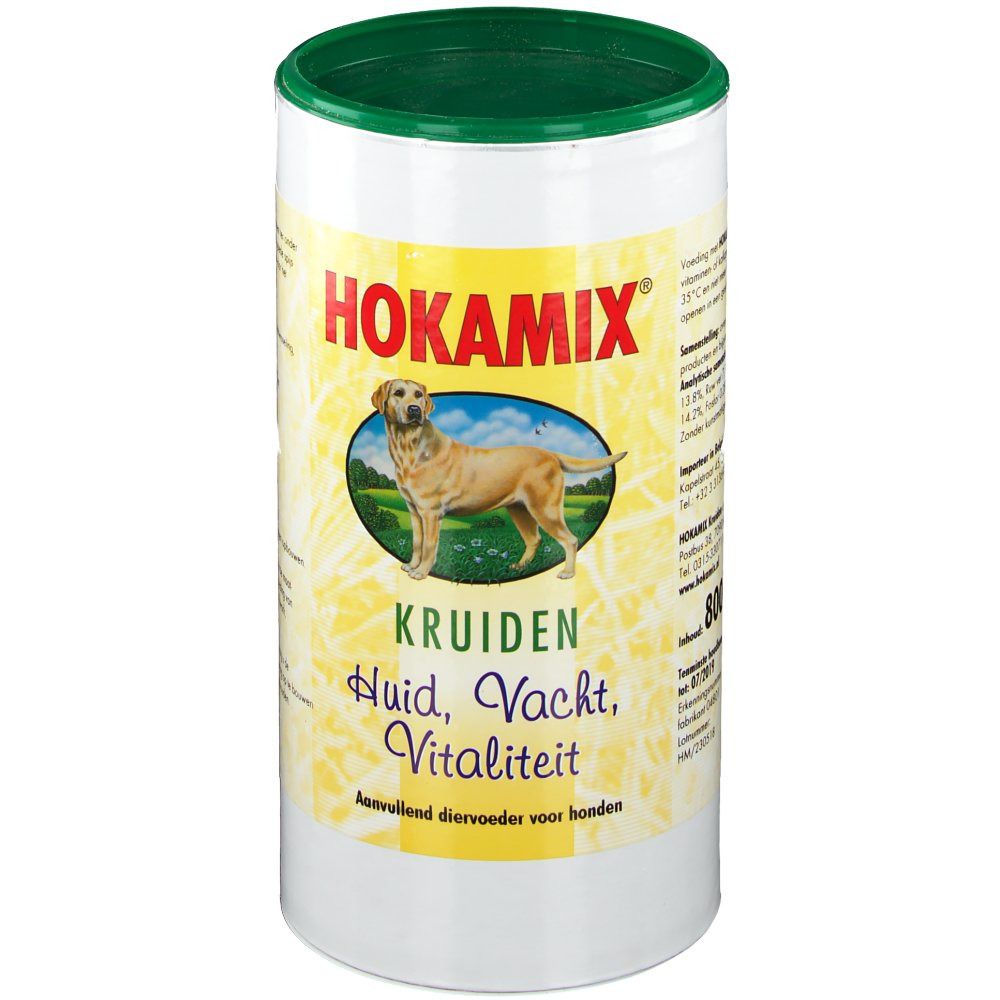 Zylindrische Dose mit grünem Deckel. Aufschrift HOKAMIX, Bild eines Hundes. Text: Kruiden, Huid, Vacht, Vitaliteit.