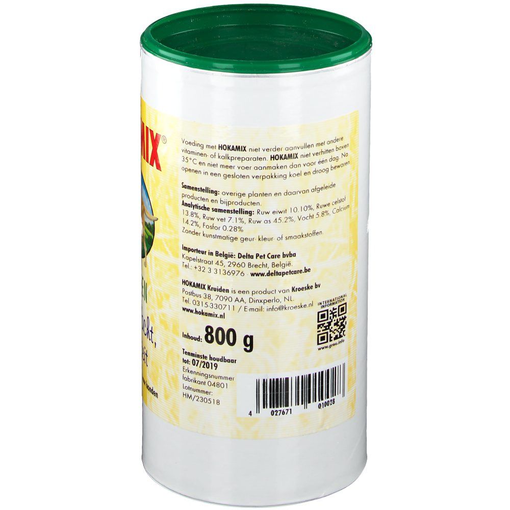 Zylindrische Dose mit grünem Deckel. Rückseite mit Text und QR-Code. Text: HOKAMIX, 800 g, Importeur, Inhaltsstoffe.